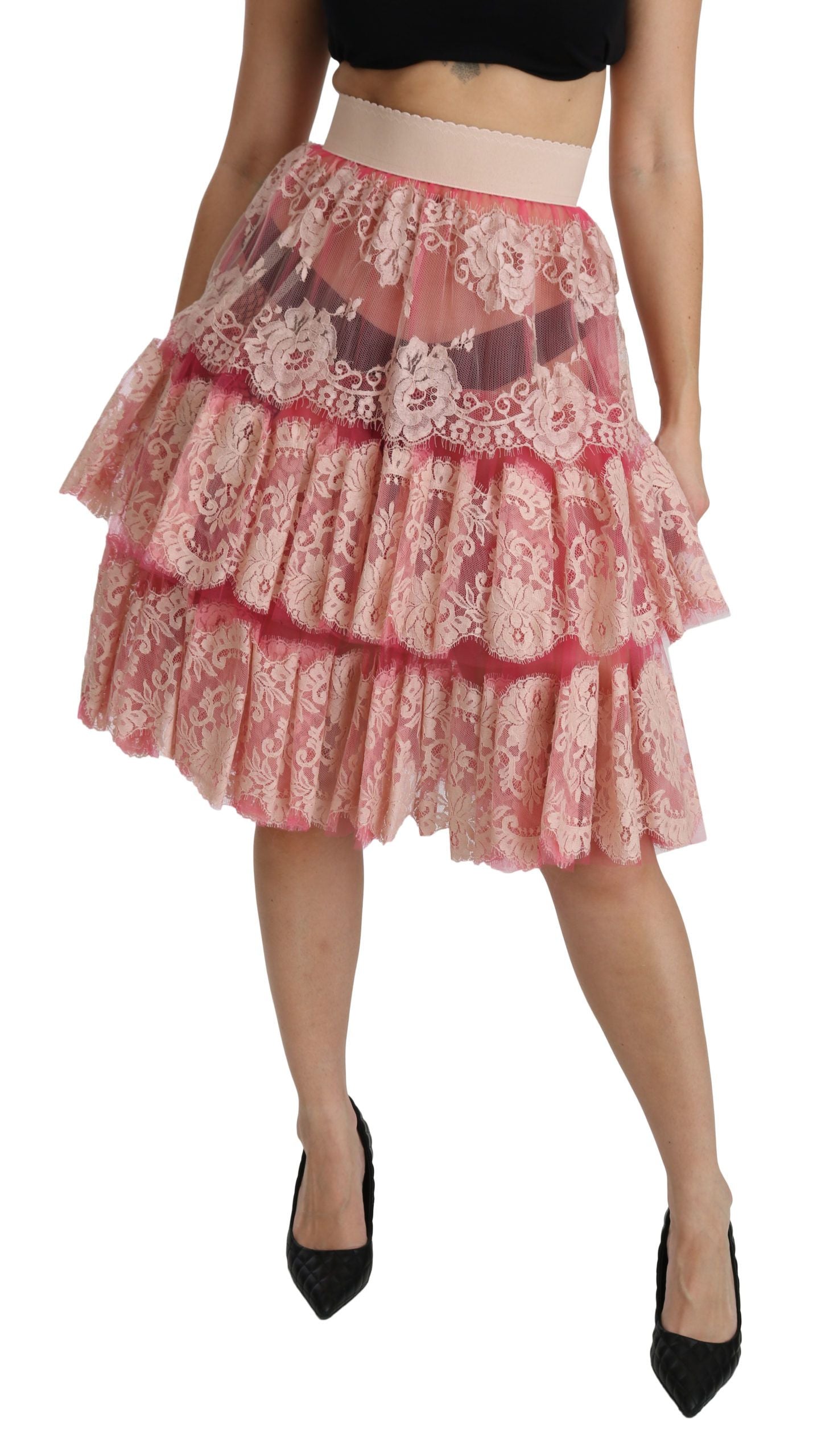Dolce &amp; Gabbana Eleganter rosa Spitzenrock mit hoher Taille