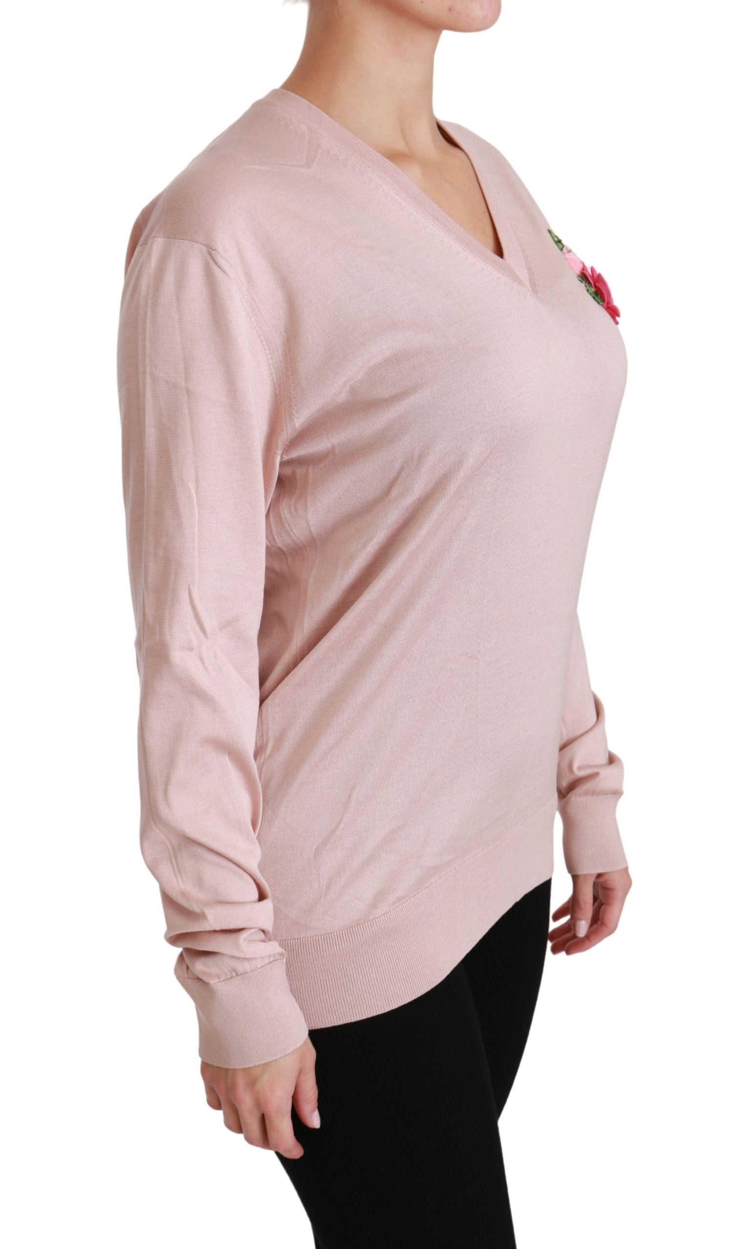 Dolce &amp; Gabbana – Seidenpullover mit rosa Blumenverzierung