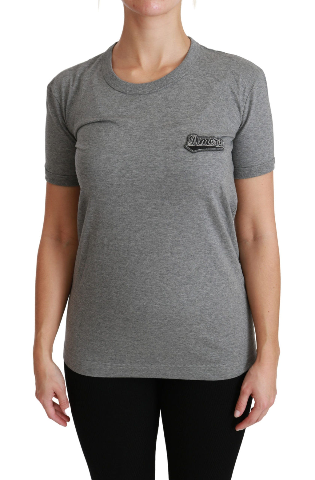 Dolce &amp; Gabbana Chic Graues Rundhals-T-Shirt mit Amore-Patch