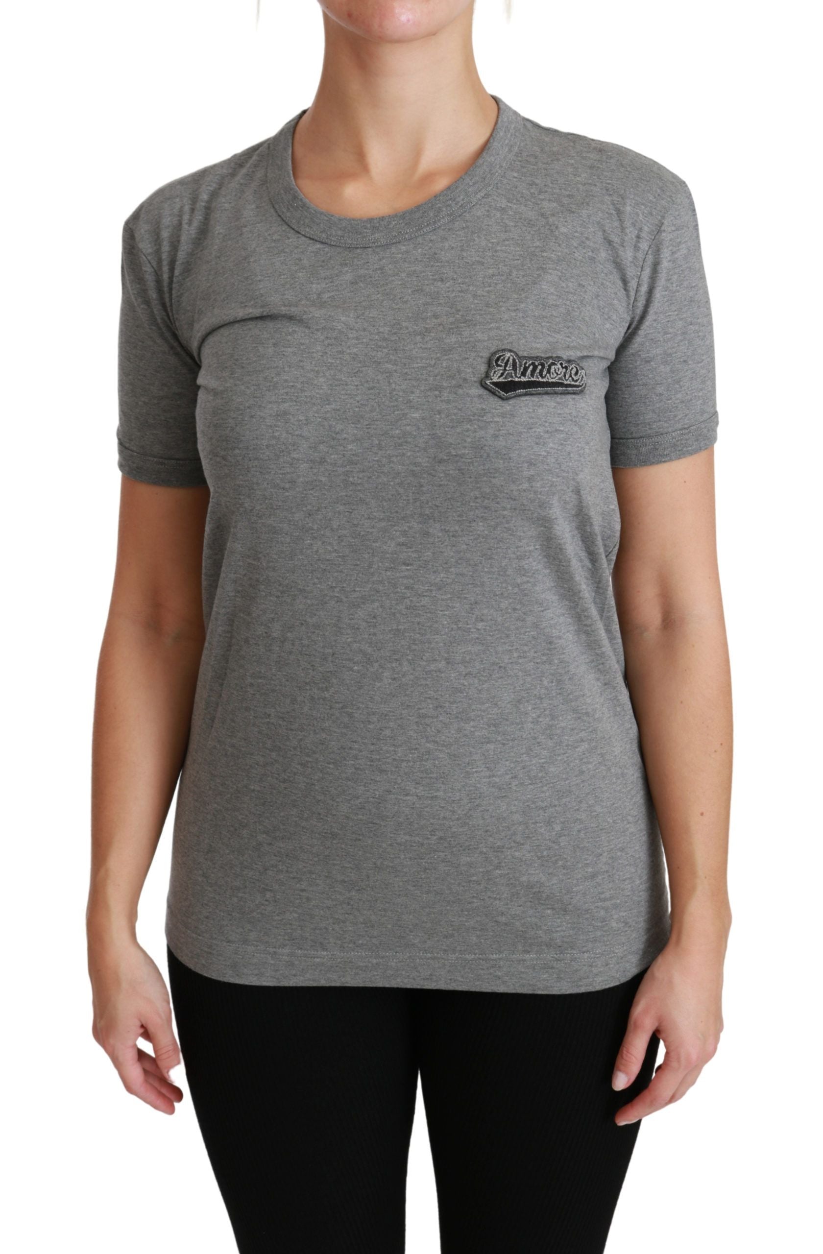 Dolce &amp; Gabbana Chic Graues Rundhals-T-Shirt mit Amore-Patch