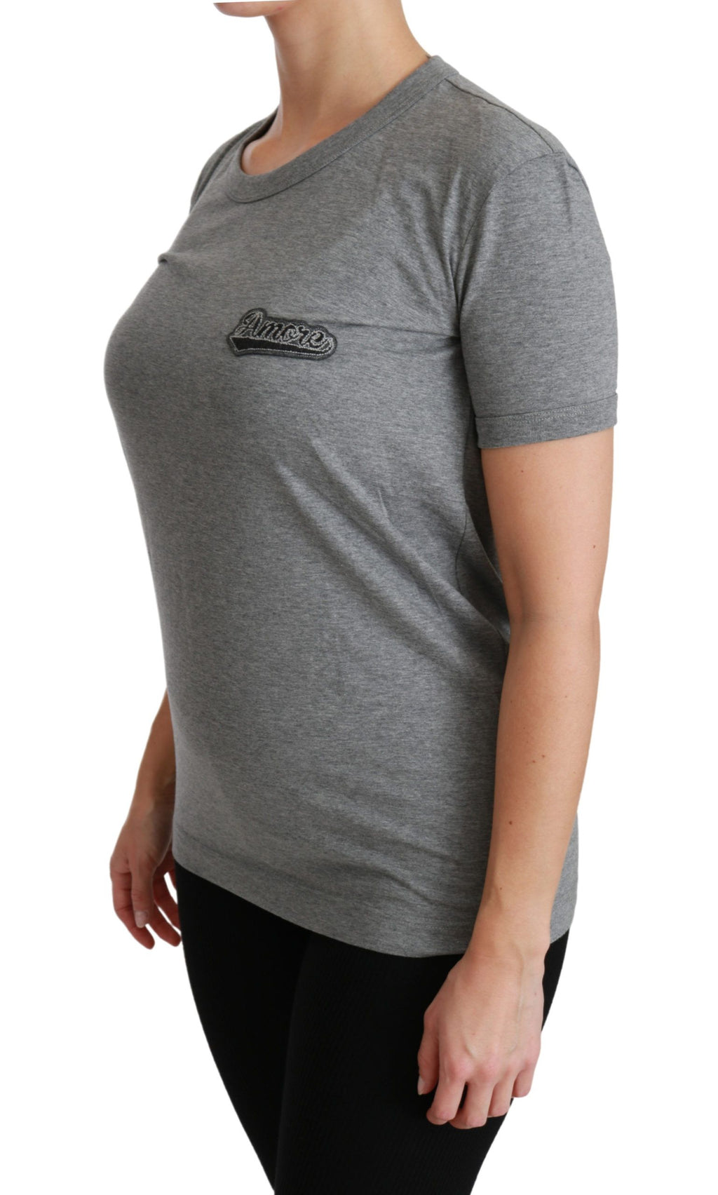 Dolce &amp; Gabbana Chic Graues Rundhals-T-Shirt mit Amore-Patch