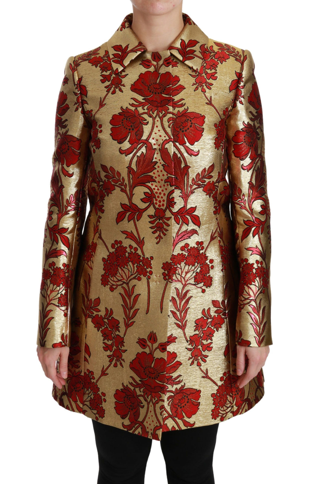 Dolce &amp; Gabbana – Eleganter Trenchcoat aus goldenem Brokat mit Blumenmuster
