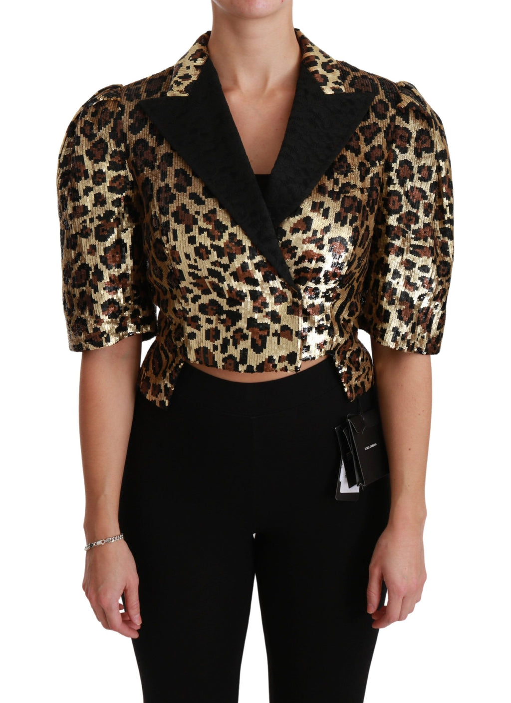 Dolce &amp; Gabbana – Kurzärmliger Blazer mit goldenem Leopardenmuster