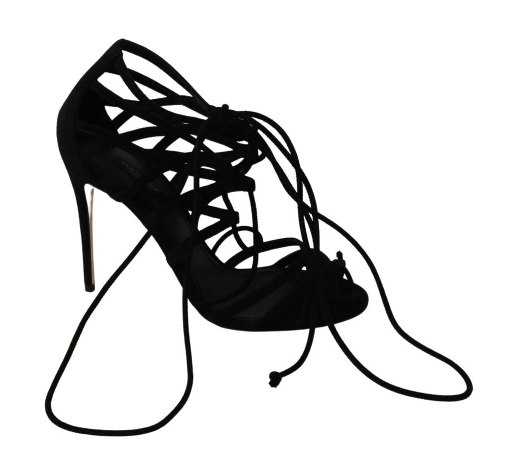 Dolce &amp; Gabbana – Elegante Sandalen mit Stiletto-Absatz und Knöchelriemen aus schwarzem Wildleder