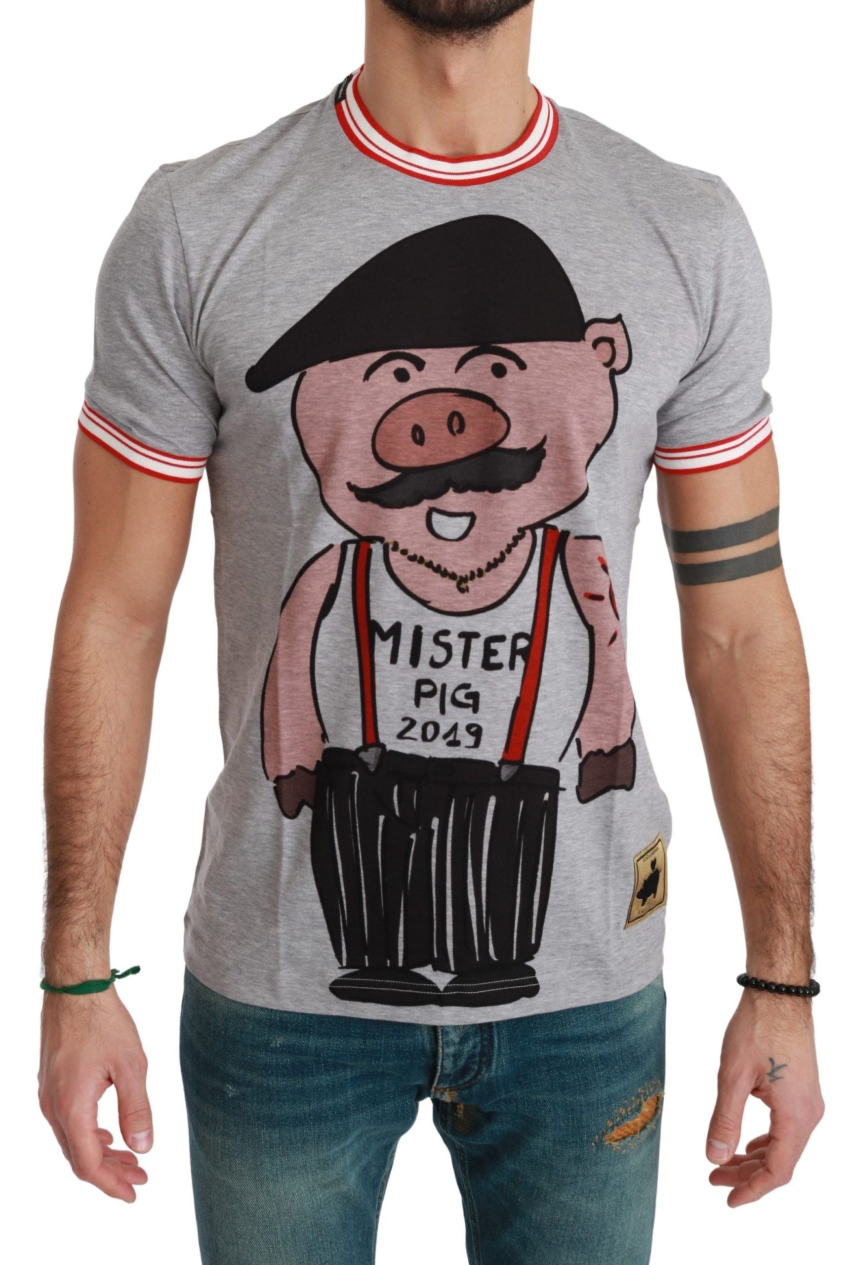 Dolce &amp; Gabbana Schickes graues Baumwoll-T-Shirt mit Year of the Pig-Motiv