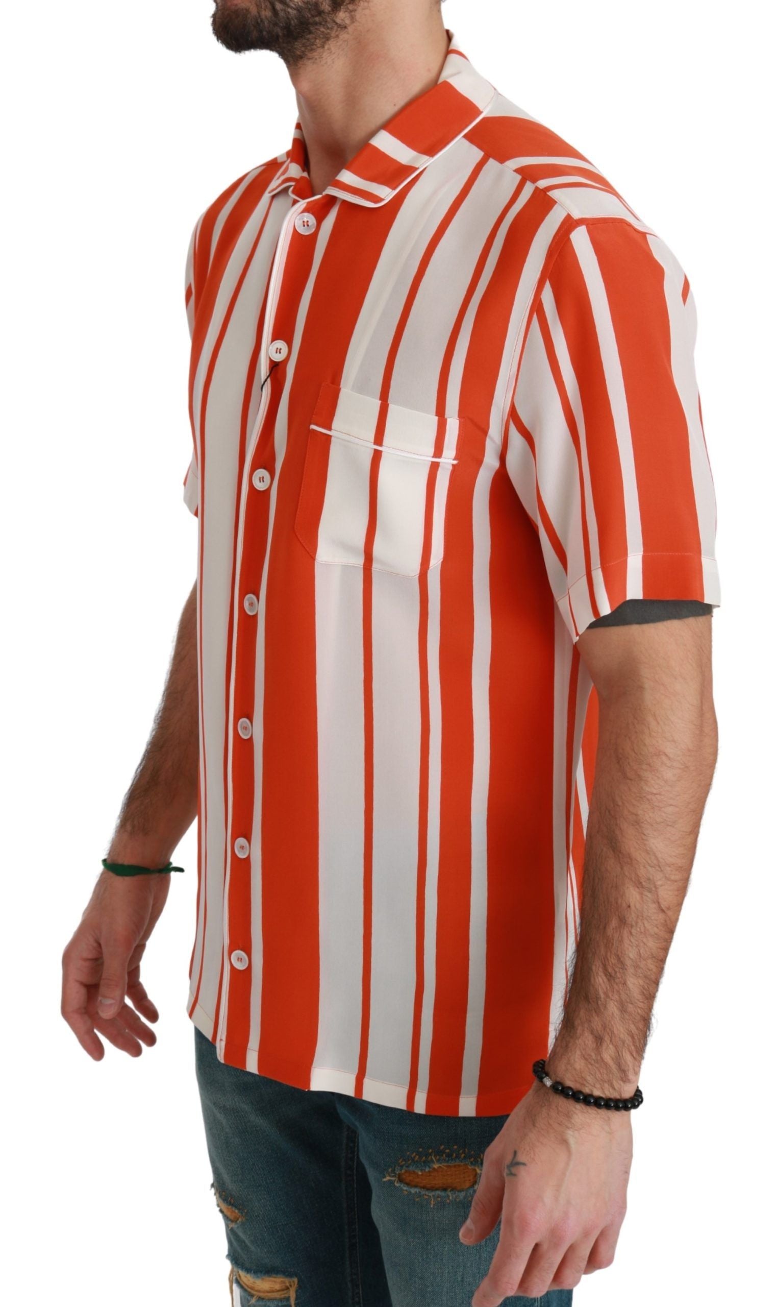 Dolce & Gabbana Orange Silk Striped Short Sleeve White Shirt
