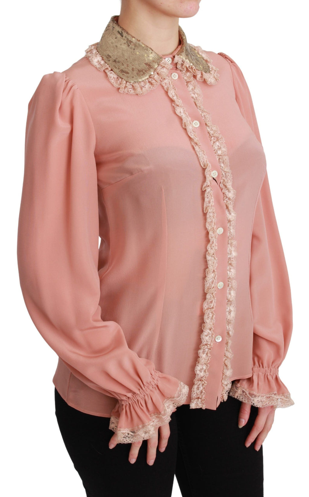 Dolce &amp; Gabbana Elegante rosa Spitzen-Seidenbluse mit goldenen Pailletten