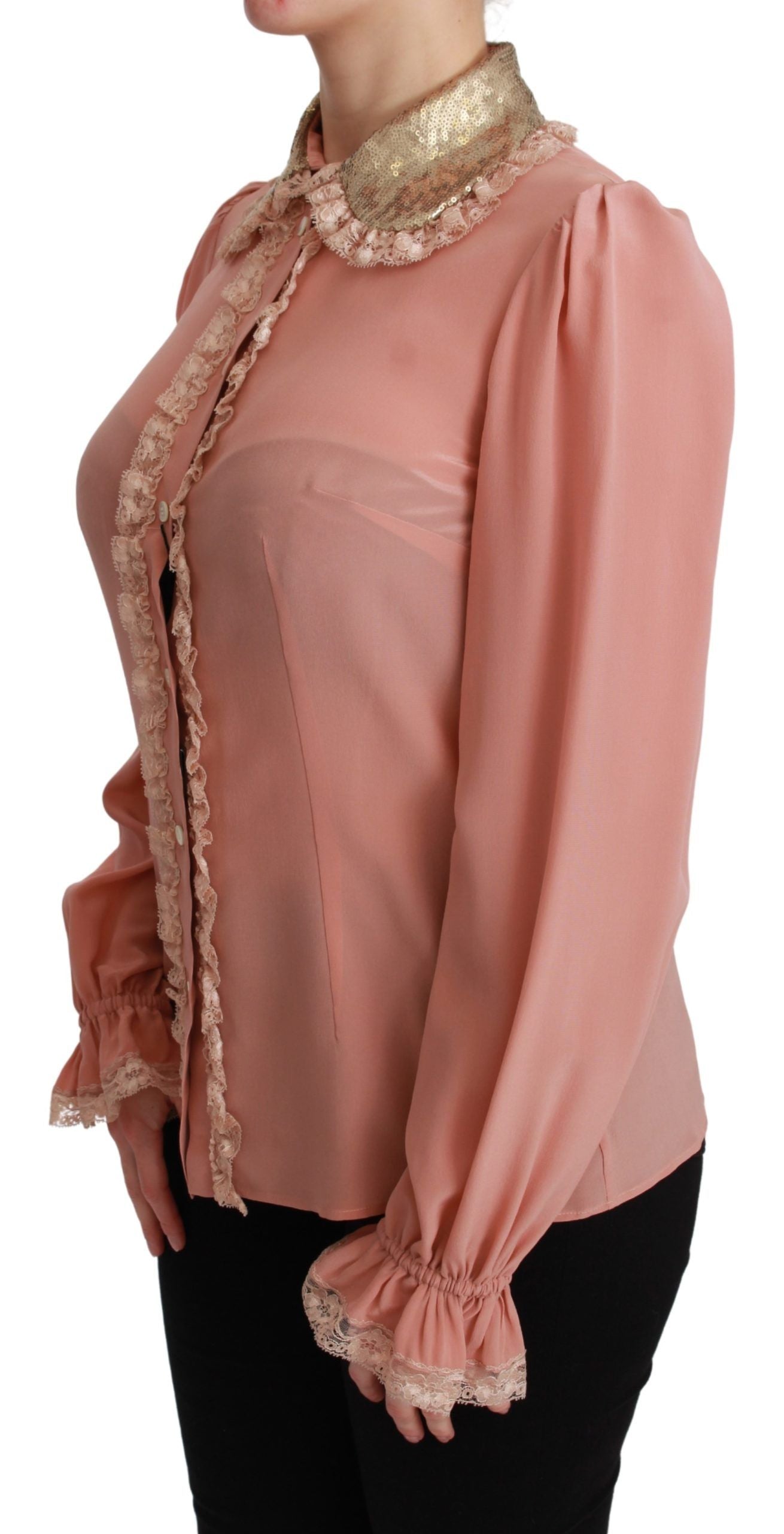 Dolce &amp; Gabbana Elegante rosa Spitzen-Seidenbluse mit goldenen Pailletten