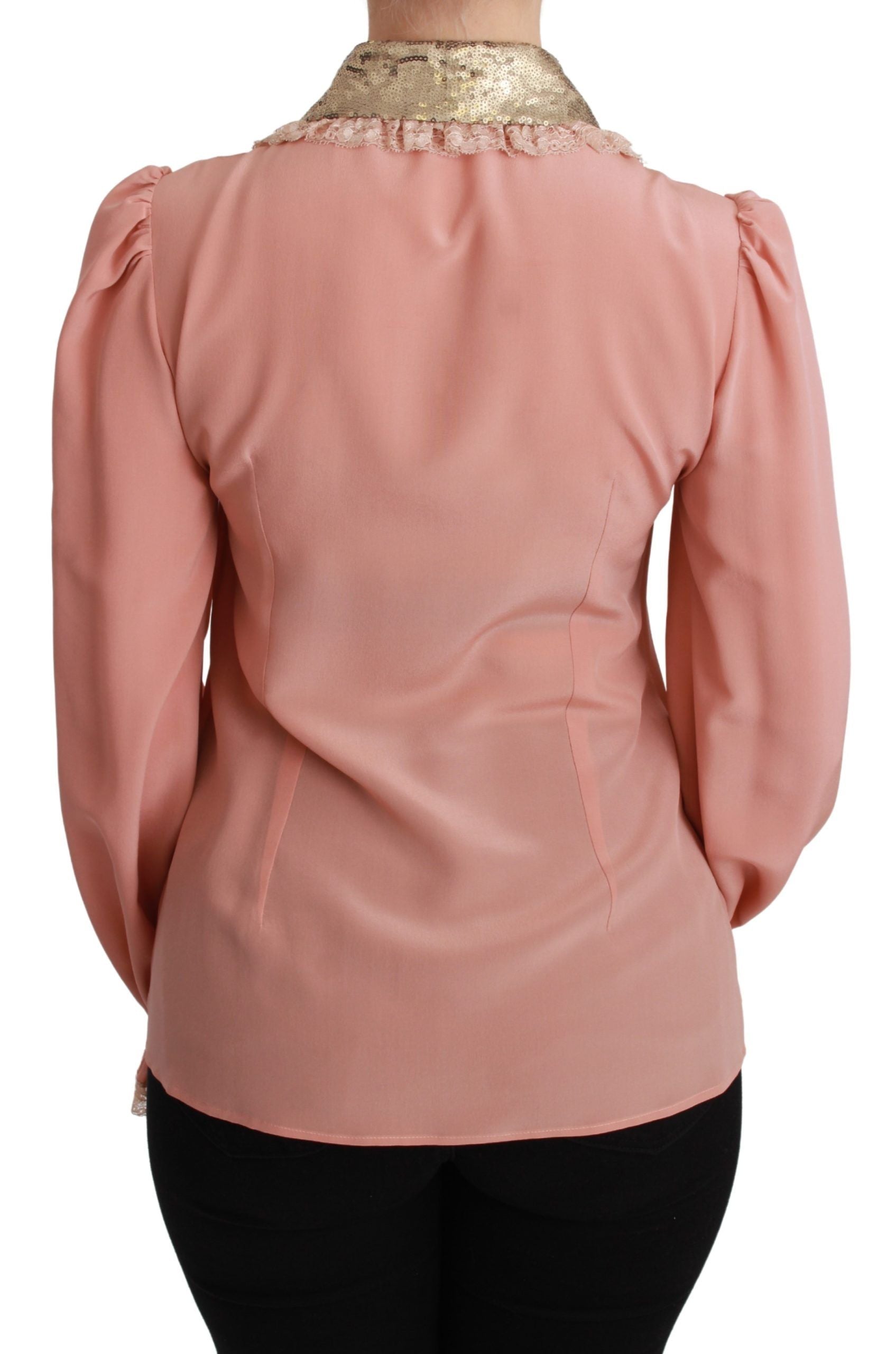 Dolce &amp; Gabbana Elegante rosa Spitzen-Seidenbluse mit goldenen Pailletten
