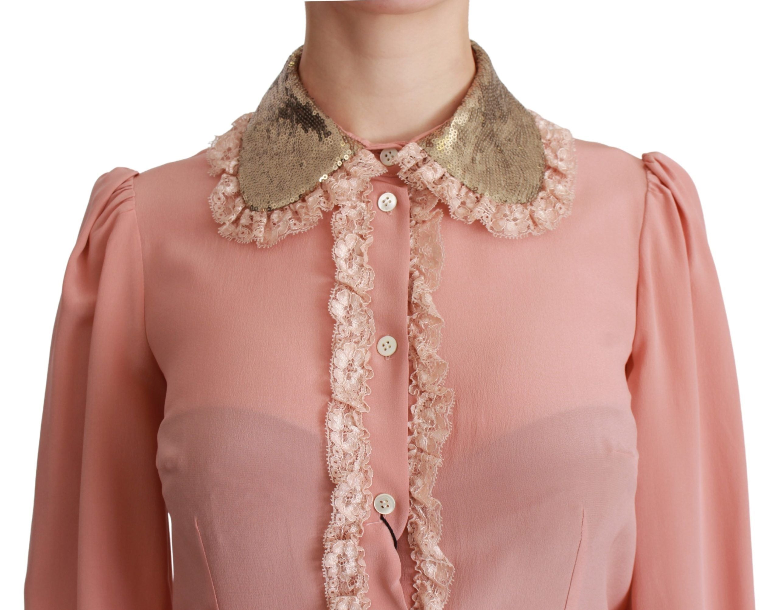 Dolce &amp; Gabbana Elegante rosa Spitzen-Seidenbluse mit goldenen Pailletten