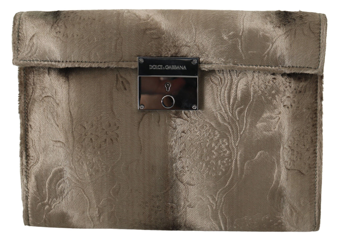 Dolce &amp; Gabbana Beige Aktentasche aus Samt mit Kroko-Print
