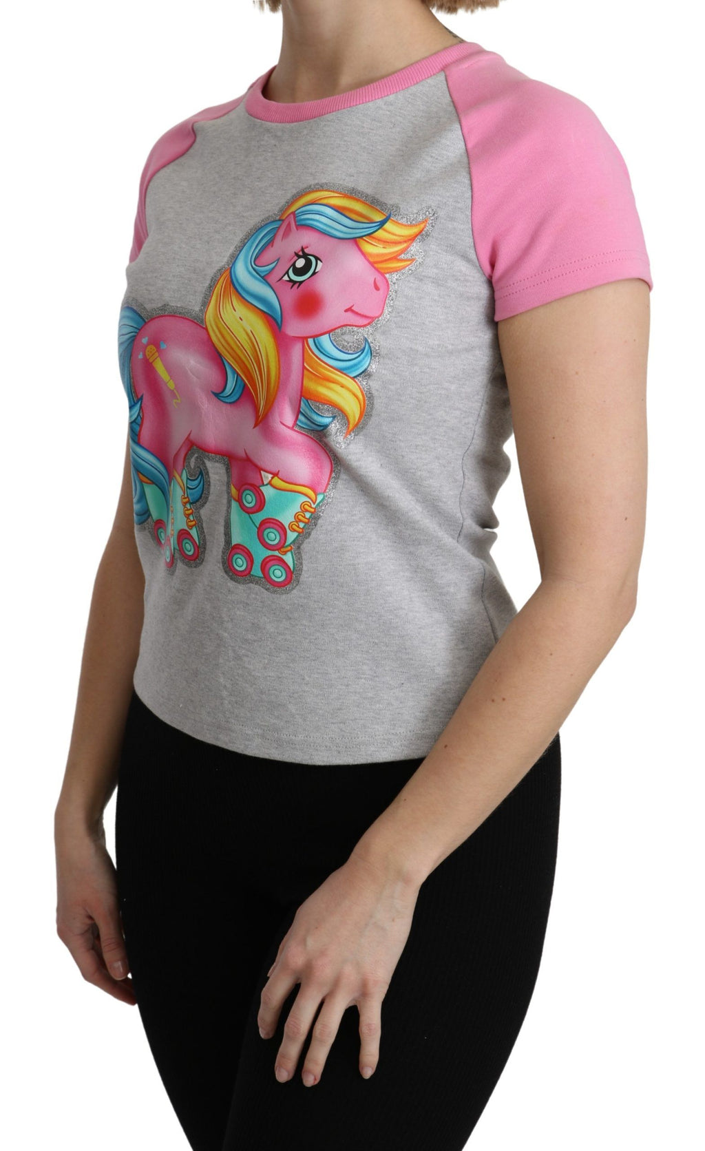 Moschino Chic – Graues Baumwoll-T-Shirt mit Rundhalsausschnitt und rosa Akzenten