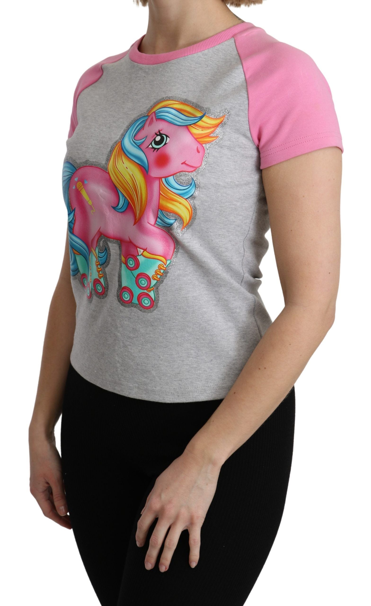 Moschino Chic – Graues Baumwoll-T-Shirt mit Rundhalsausschnitt und rosa Akzenten