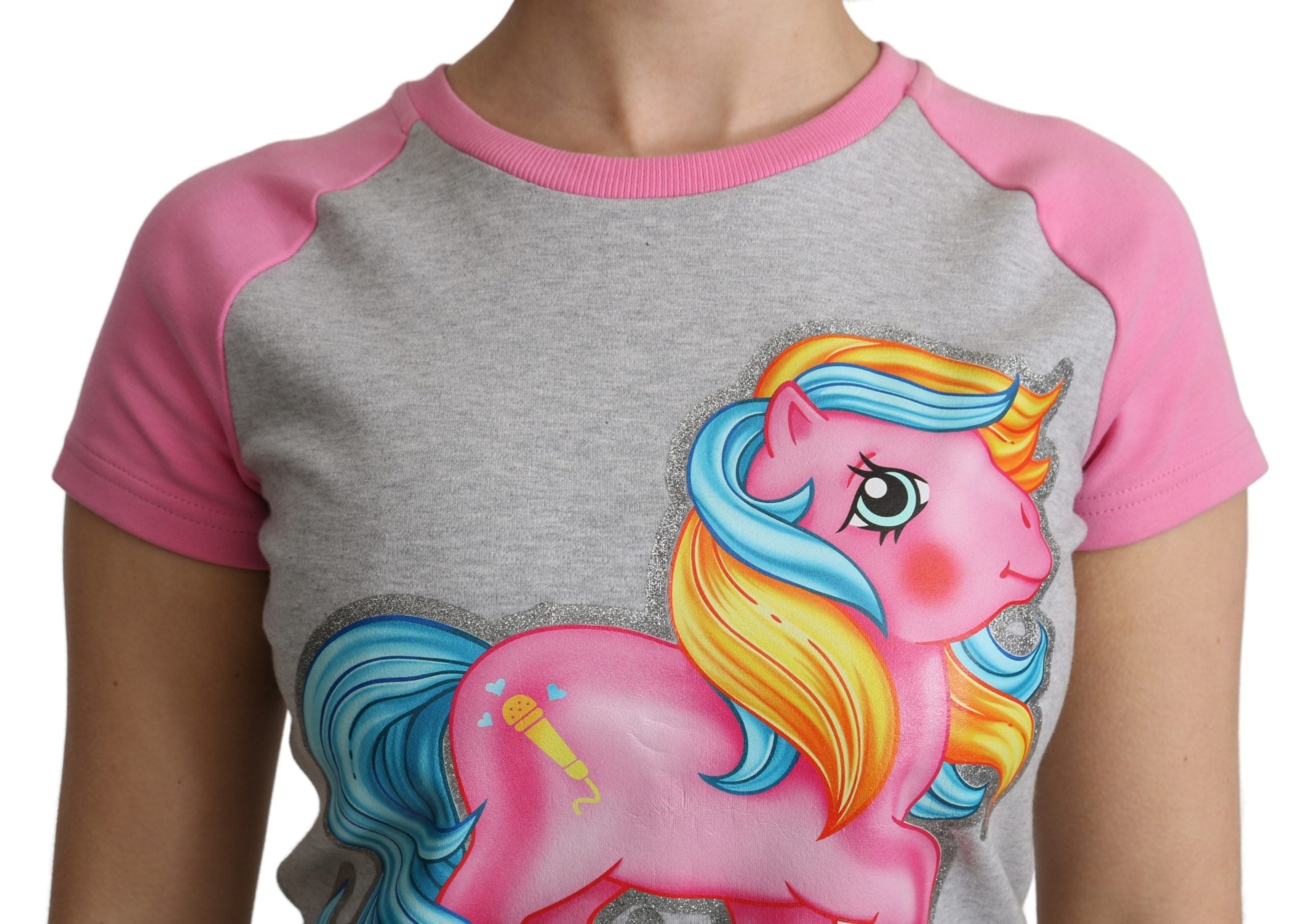 Moschino Chic – Graues Baumwoll-T-Shirt mit Rundhalsausschnitt und rosa Akzenten