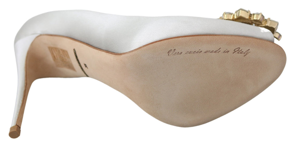 Dolce &amp; Gabbana Weiße Kristalle Peep Toe Heels Satin Pumps Schuhe