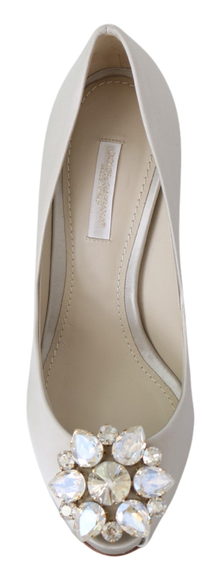 Dolce &amp; Gabbana Weiße Kristalle Peep Toe Heels Satin Pumps Schuhe