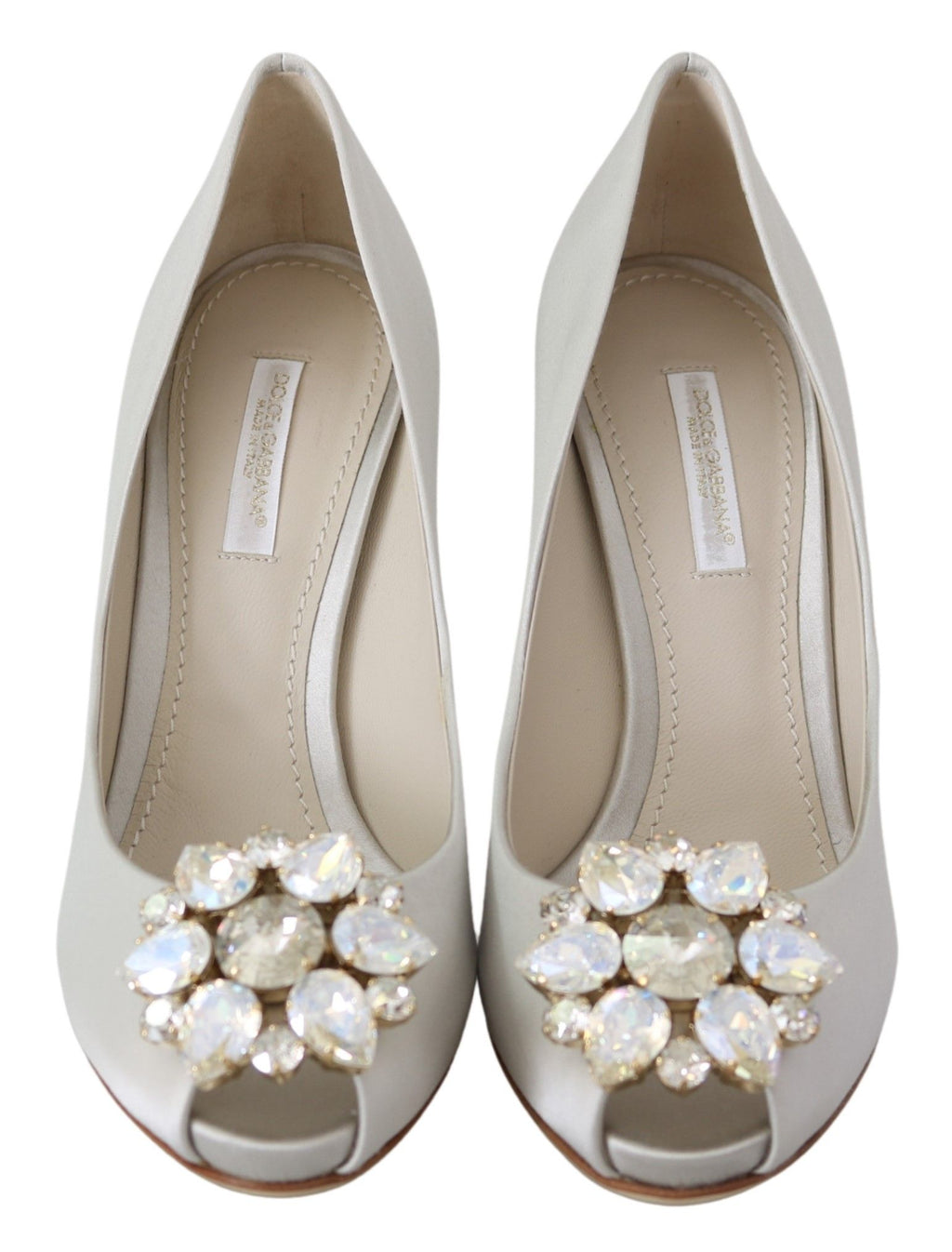 Dolce &amp; Gabbana Weiße Kristalle Peep Toe Heels Satin Pumps Schuhe