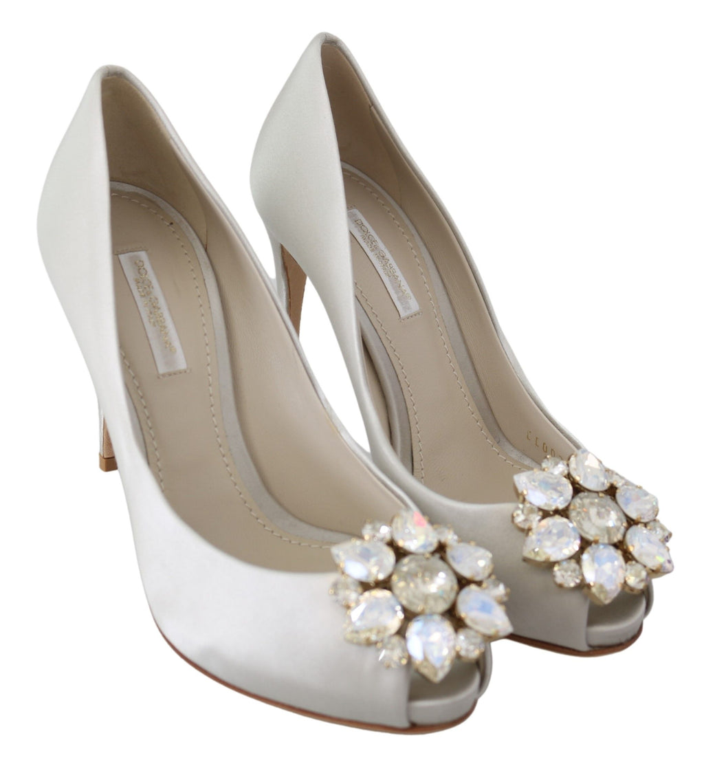 Dolce &amp; Gabbana Weiße Kristalle Peep Toe Heels Satin Pumps Schuhe