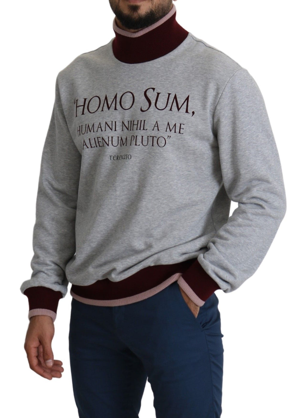 Dolce &amp; Gabbana – Eleganter grauer Rollkragenpullover mit lateinischem Motiv