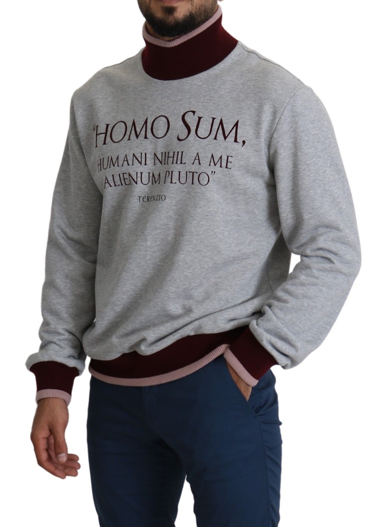 Dolce &amp; Gabbana – Eleganter grauer Rollkragenpullover mit lateinischem Motiv