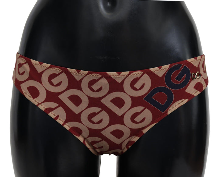Dolce &amp; Gabbana Chic – Kastanienbraun-beige Bikinihose mit Logo-Print
