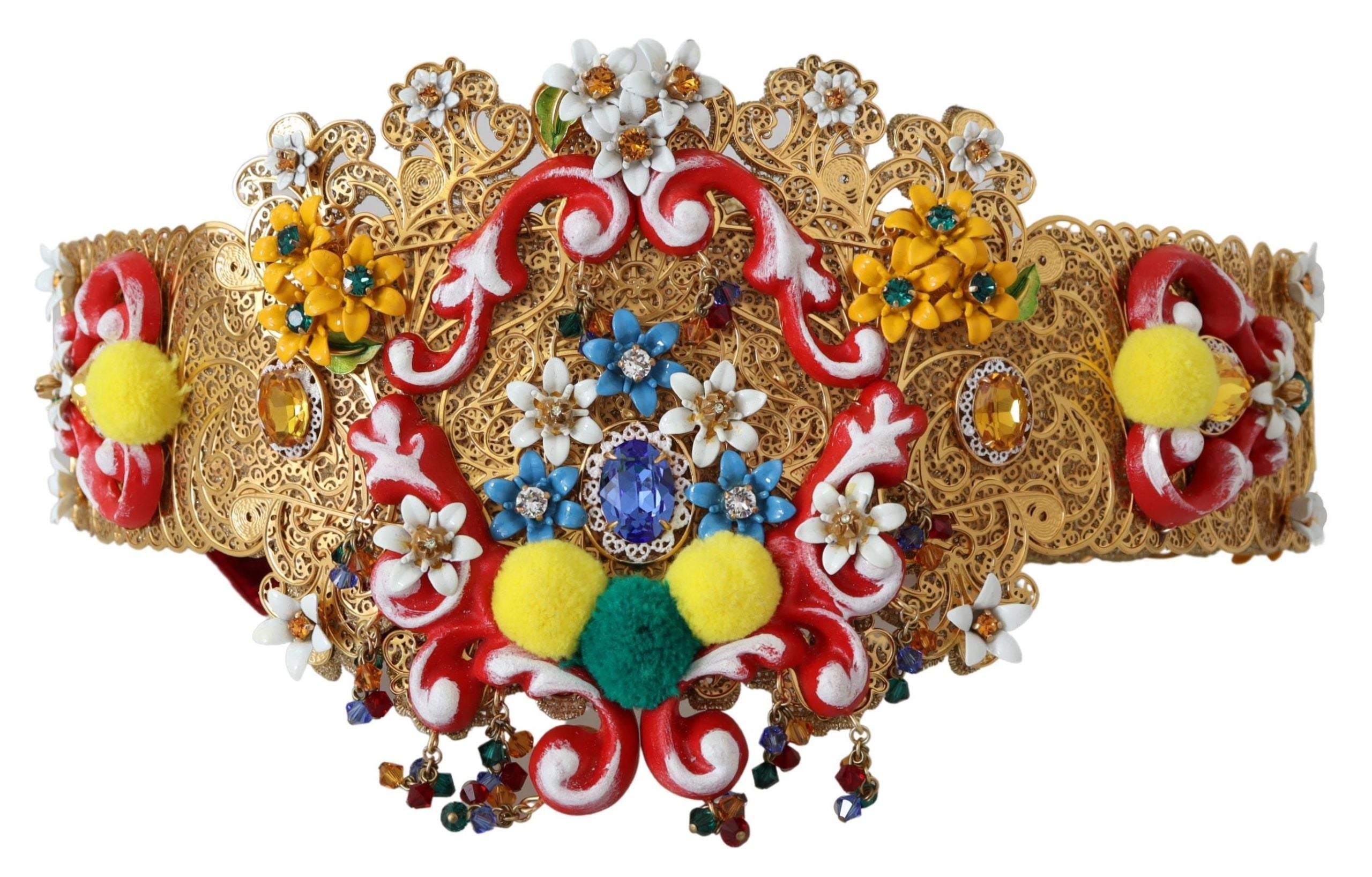 Dolce &amp; Gabbana Goldfarbener Taillengürtel mit Blumen- und Kristallmotiv