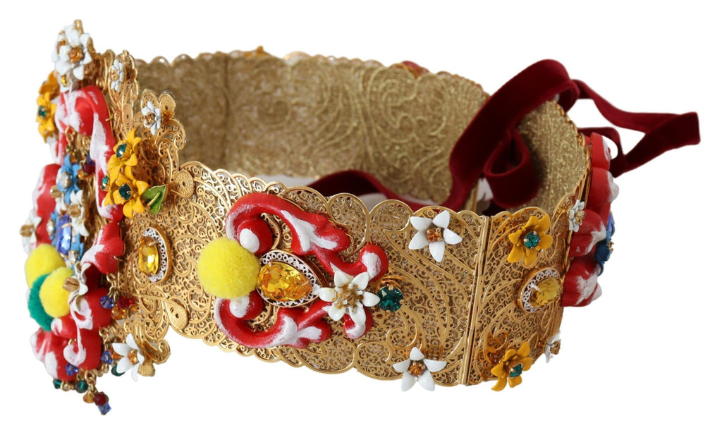 Dolce &amp; Gabbana Goldfarbener Taillengürtel mit Blumen- und Kristallmotiv