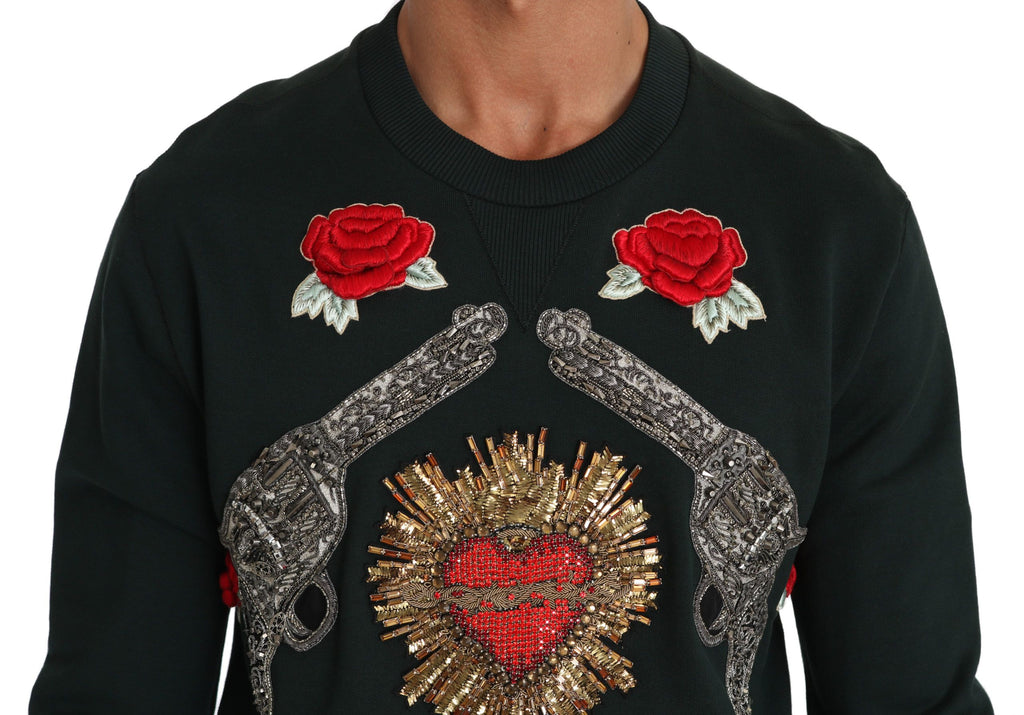 Dolce &amp; Gabbana Smaragdgrüner Baumwollpullover mit Kristallstickerei