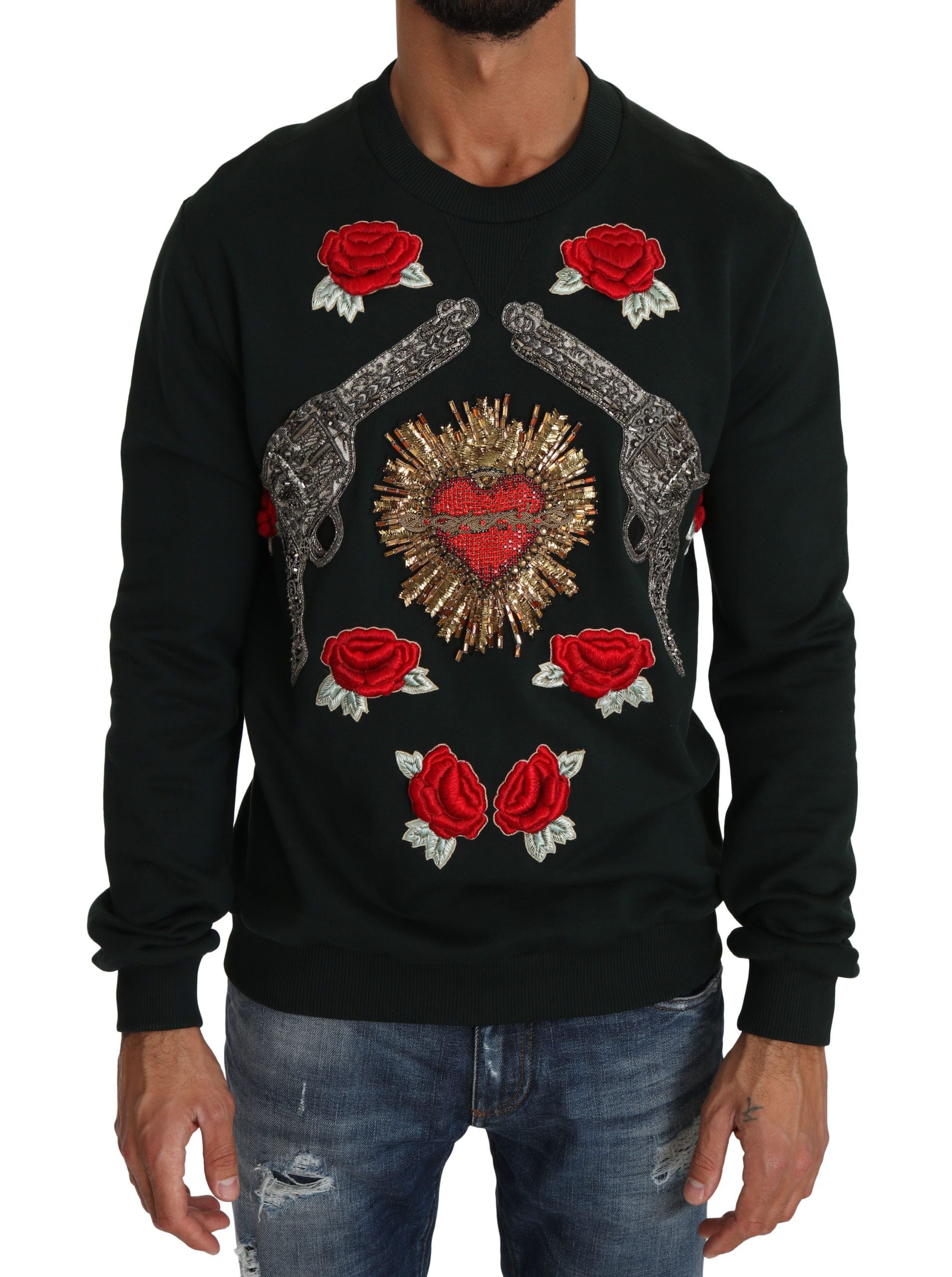 Dolce &amp; Gabbana Smaragdgrüner Baumwollpullover mit Kristallstickerei