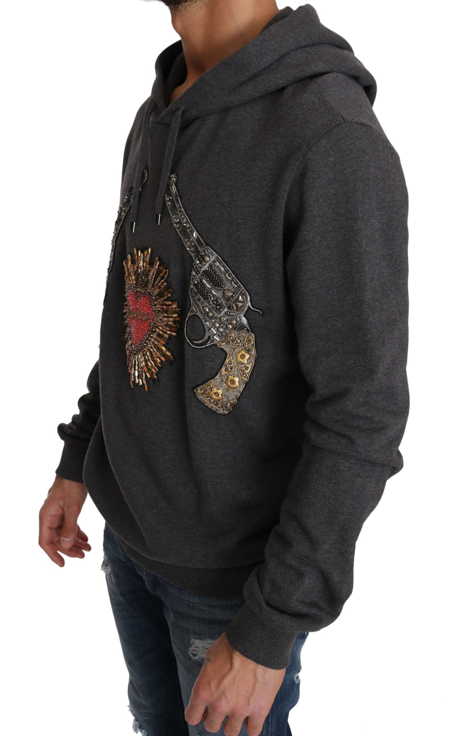 Dolce &amp; Gabbana – Grauer Pullover mit Kristallherz-Pistolenmotiv