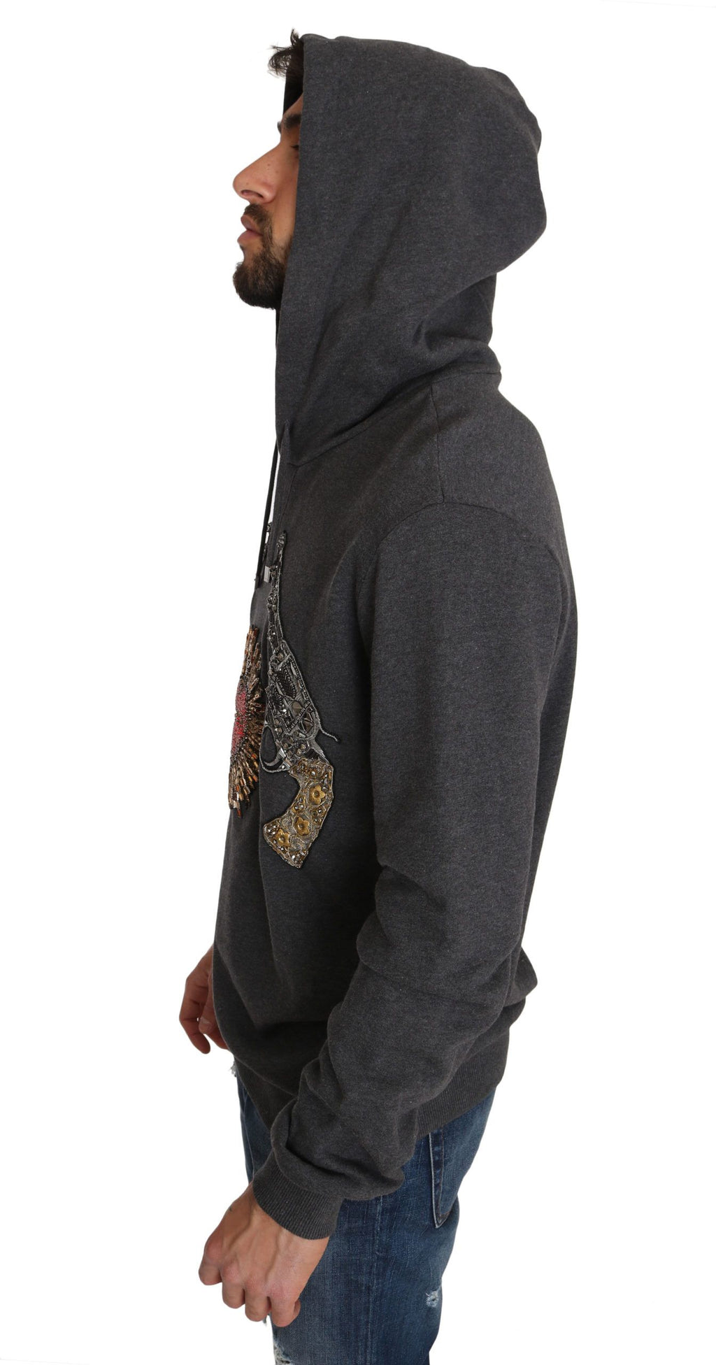 Dolce &amp; Gabbana – Grauer Pullover mit Kristallherz-Pistolenmotiv