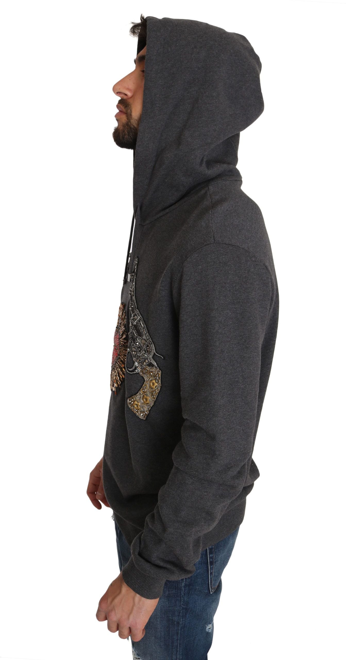 Dolce &amp; Gabbana – Grauer Pullover mit Kristallherz-Pistolenmotiv