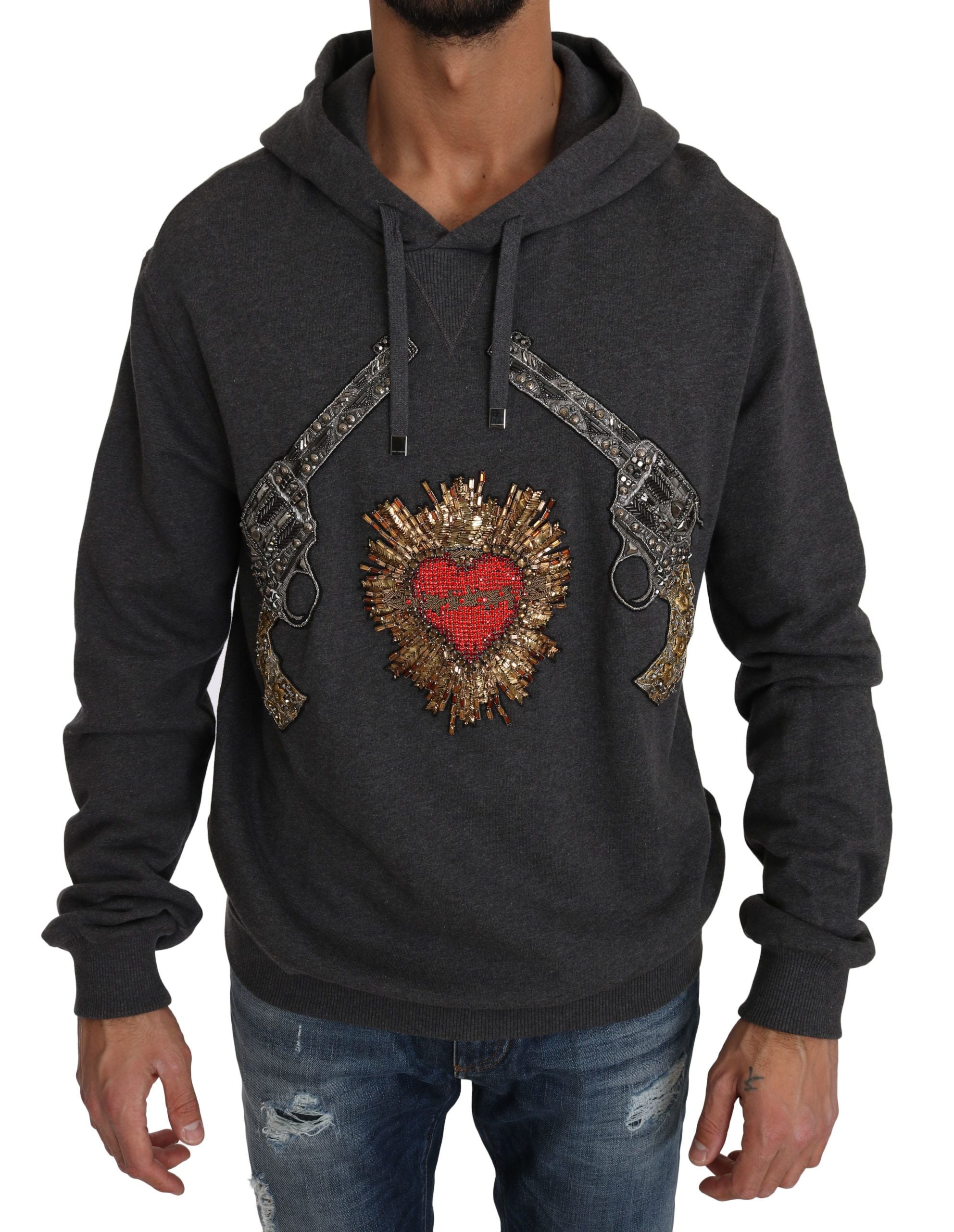 Dolce &amp; Gabbana – Grauer Pullover mit Kristallherz-Pistolenmotiv