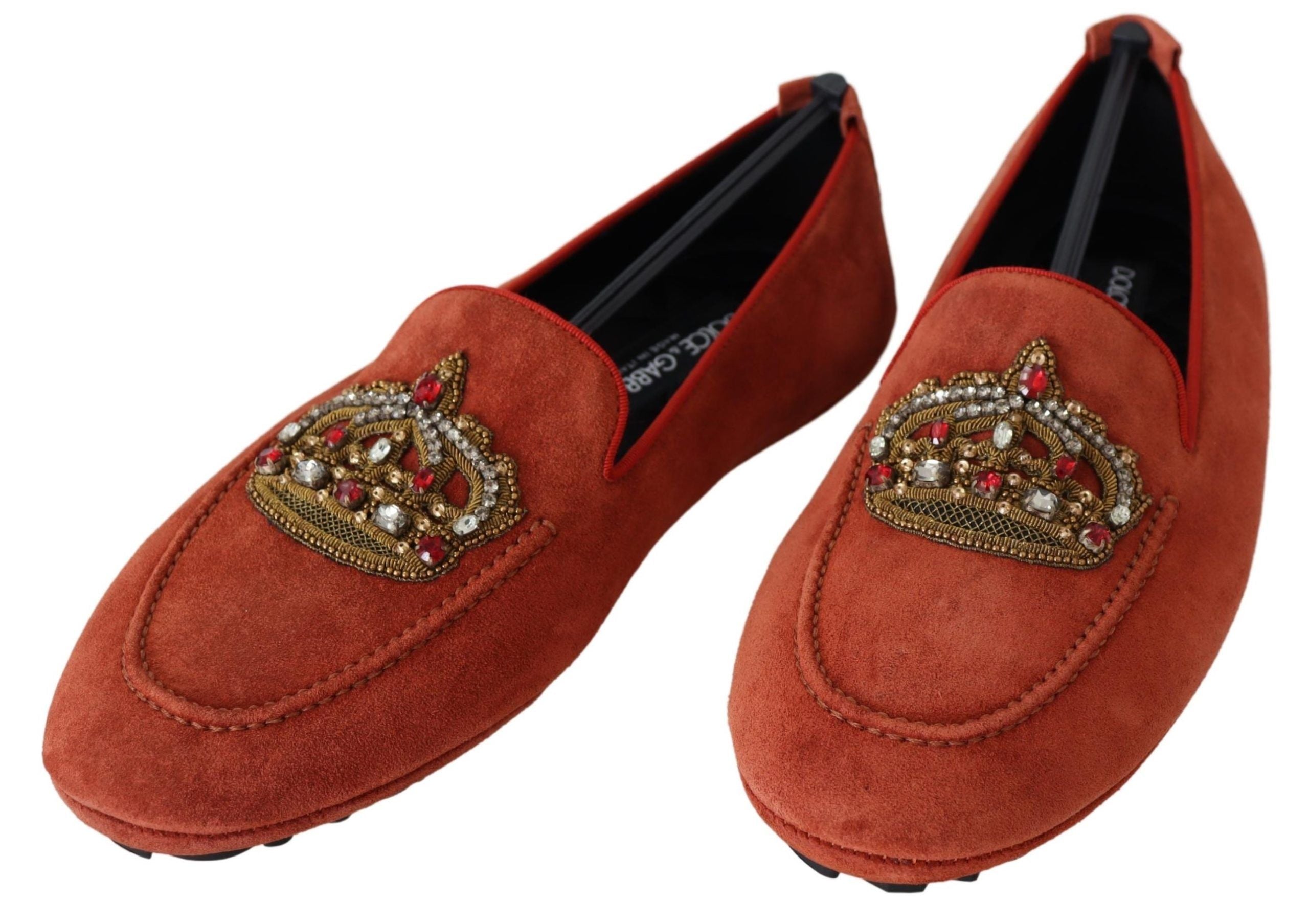 Dolce &amp; Gabbana – Opulente orangefarbene Leder-Loafer mit Goldstickerei