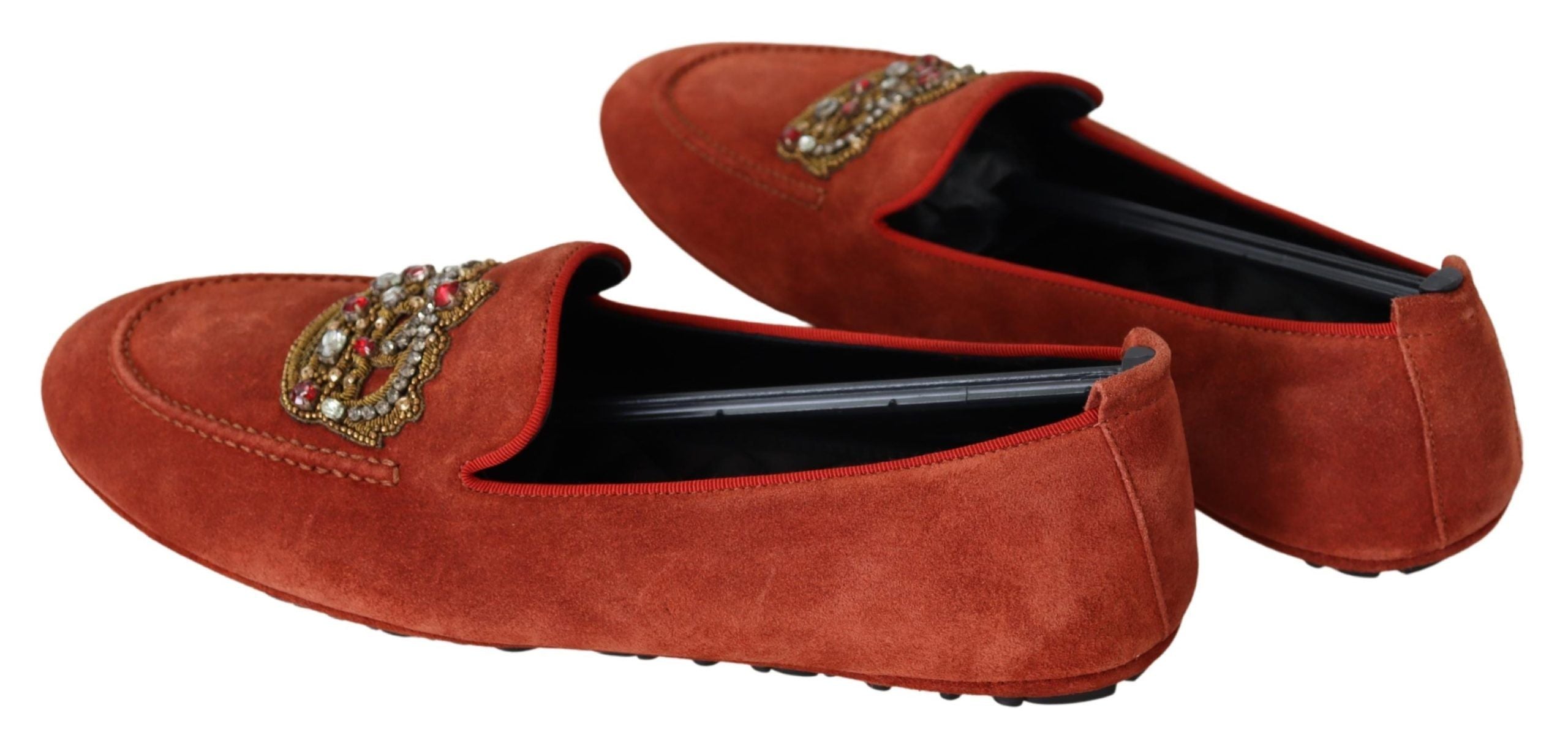 Dolce &amp; Gabbana – Opulente orangefarbene Leder-Loafer mit Goldstickerei