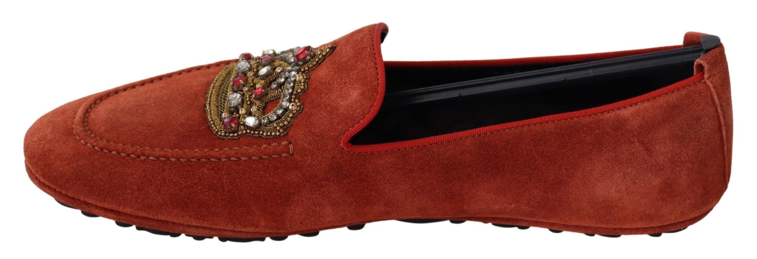 Dolce &amp; Gabbana – Opulente orangefarbene Leder-Loafer mit Goldstickerei