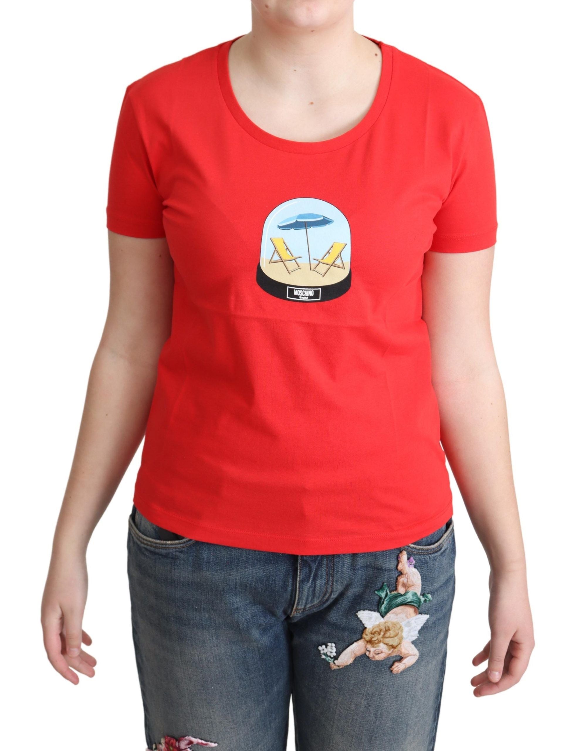 Rotes Baumwoll-T-Shirt mit charakteristischem Moschino Chic-Print