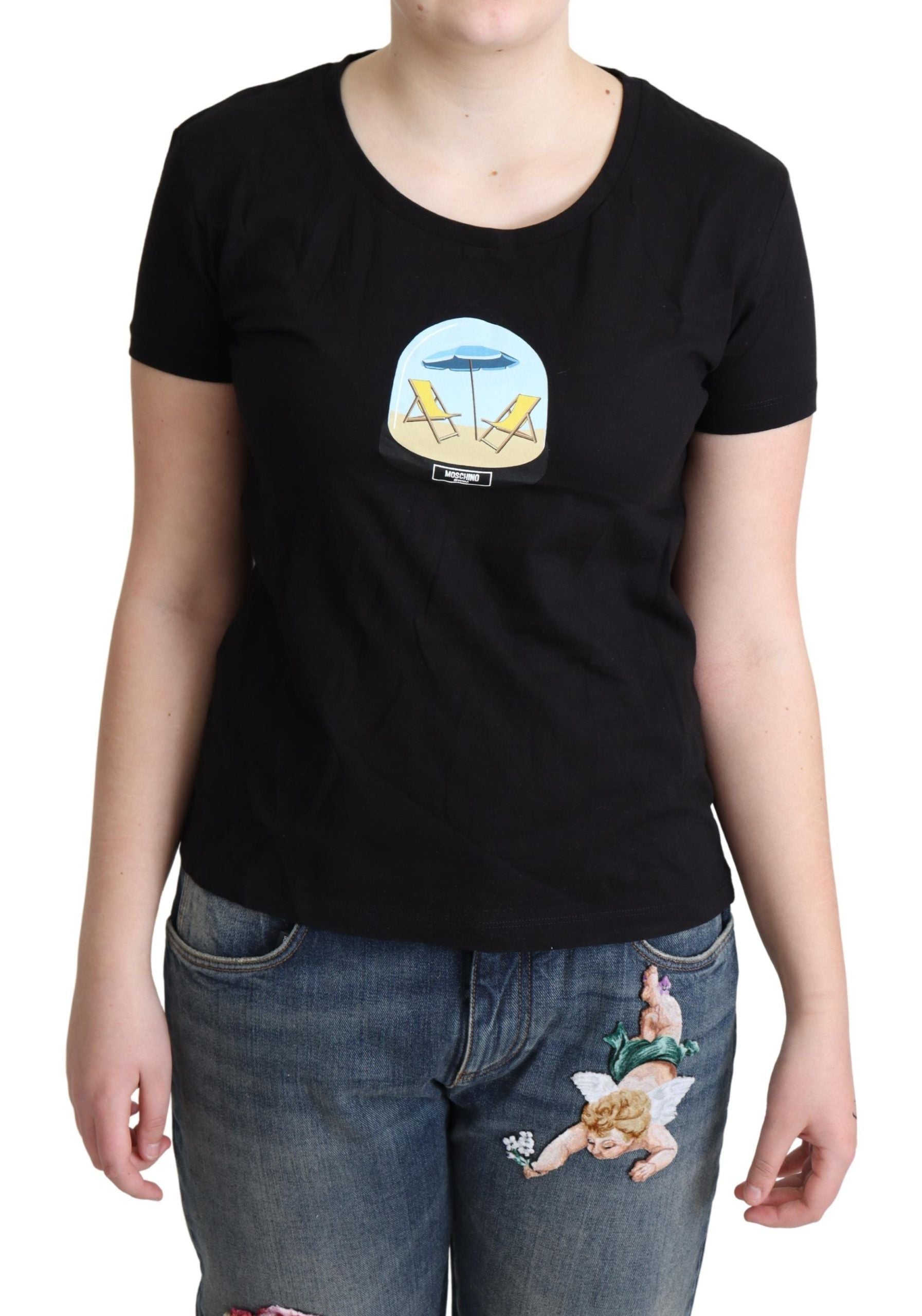 Moschino Chic Schwarzes Rundhals-T-Shirt aus Baumwolle