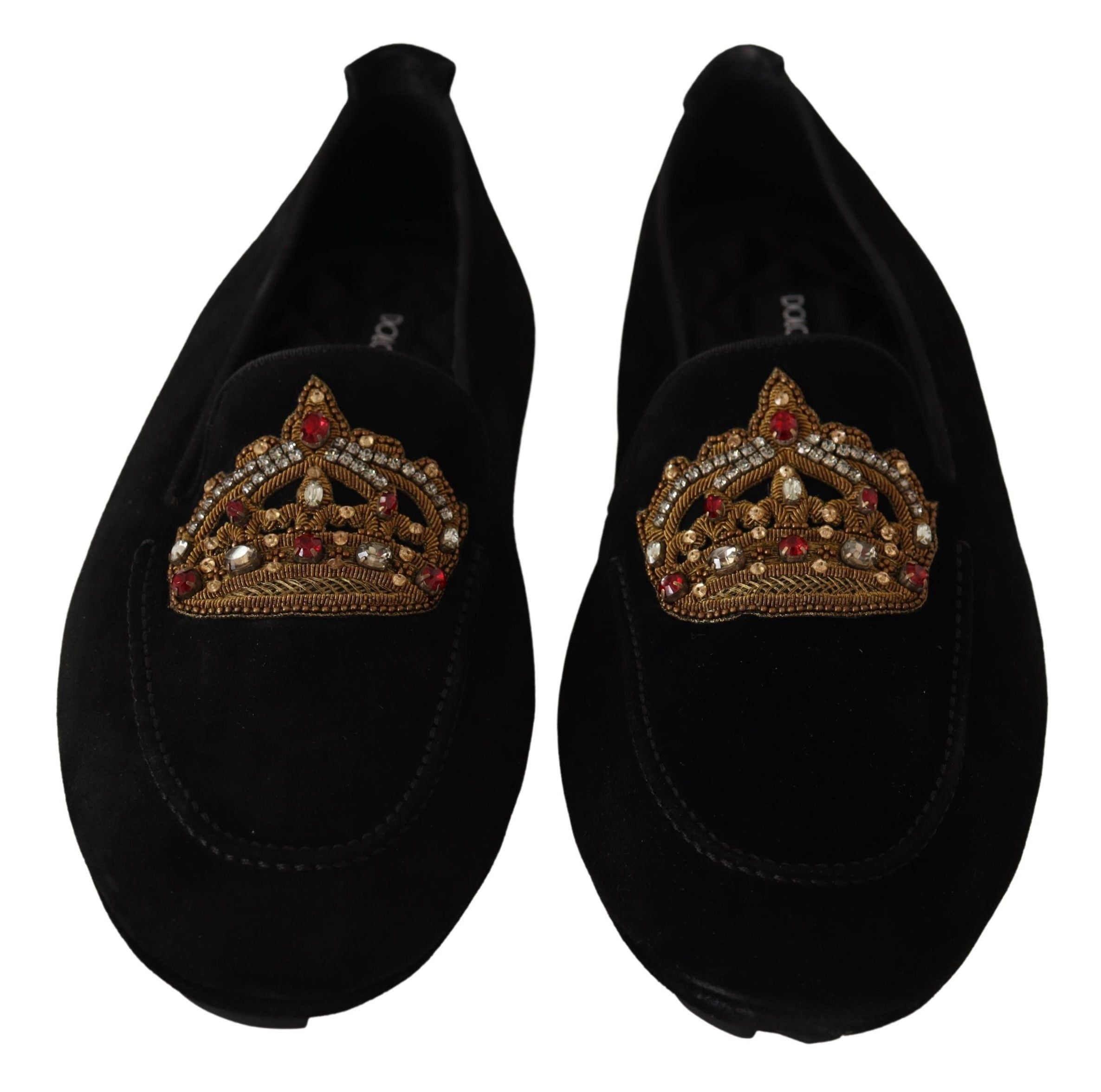 Dolce &amp; Gabbana – Elegante Loafer-Slides aus schwarzem Leder mit goldener Stickerei