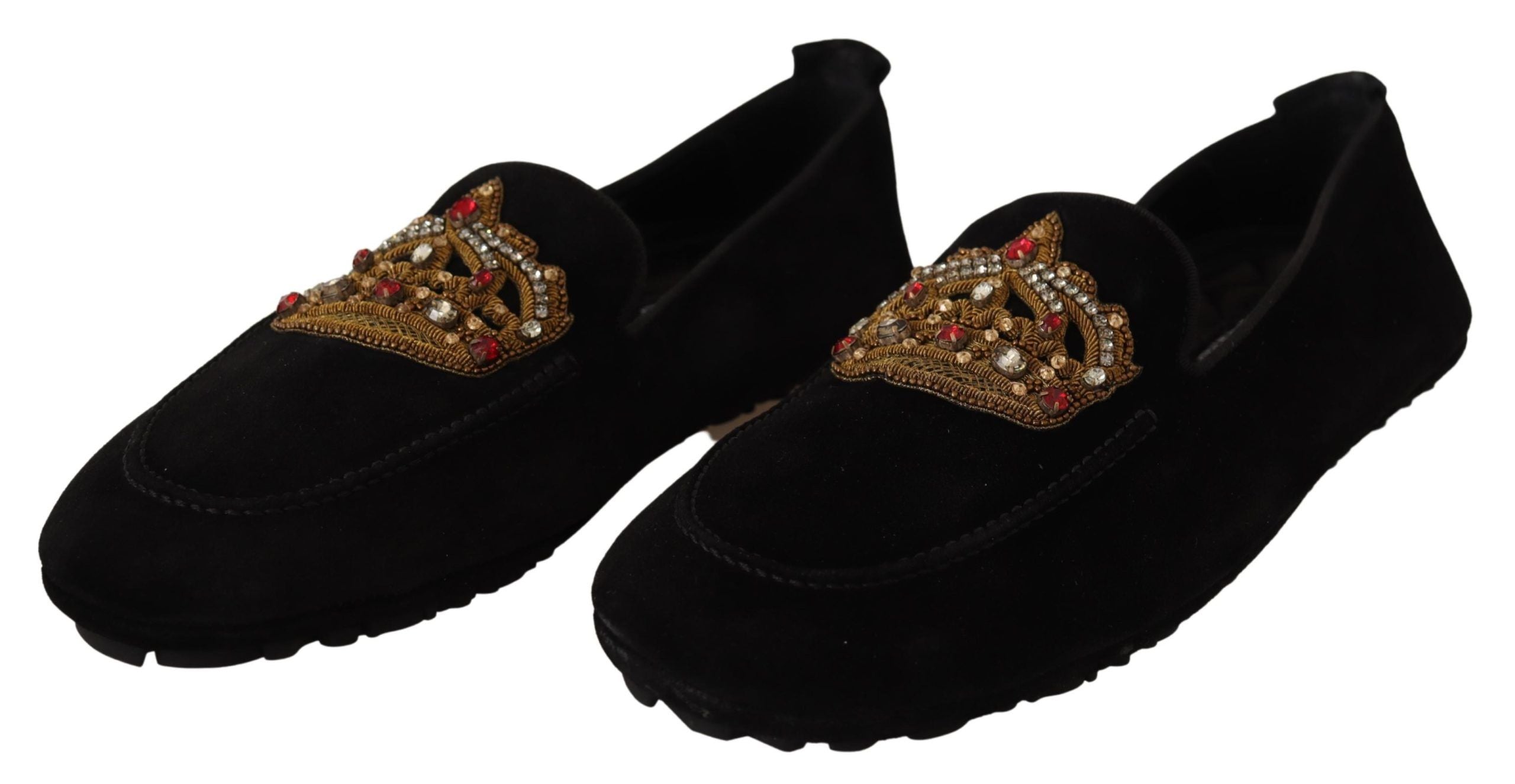 Dolce &amp; Gabbana – Elegante Loafer-Slides aus schwarzem Leder mit goldener Stickerei