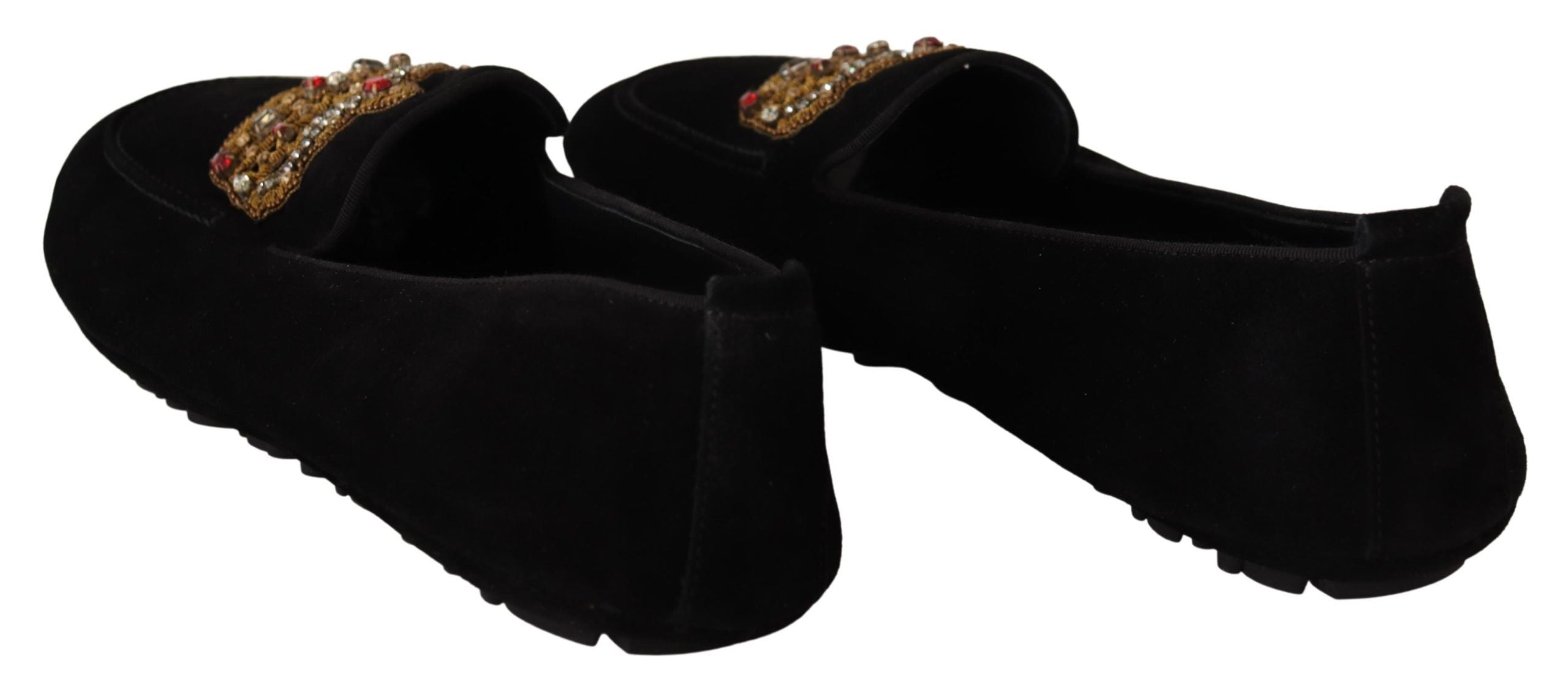 Dolce &amp; Gabbana – Elegante Loafer-Slides aus schwarzem Leder mit goldener Stickerei