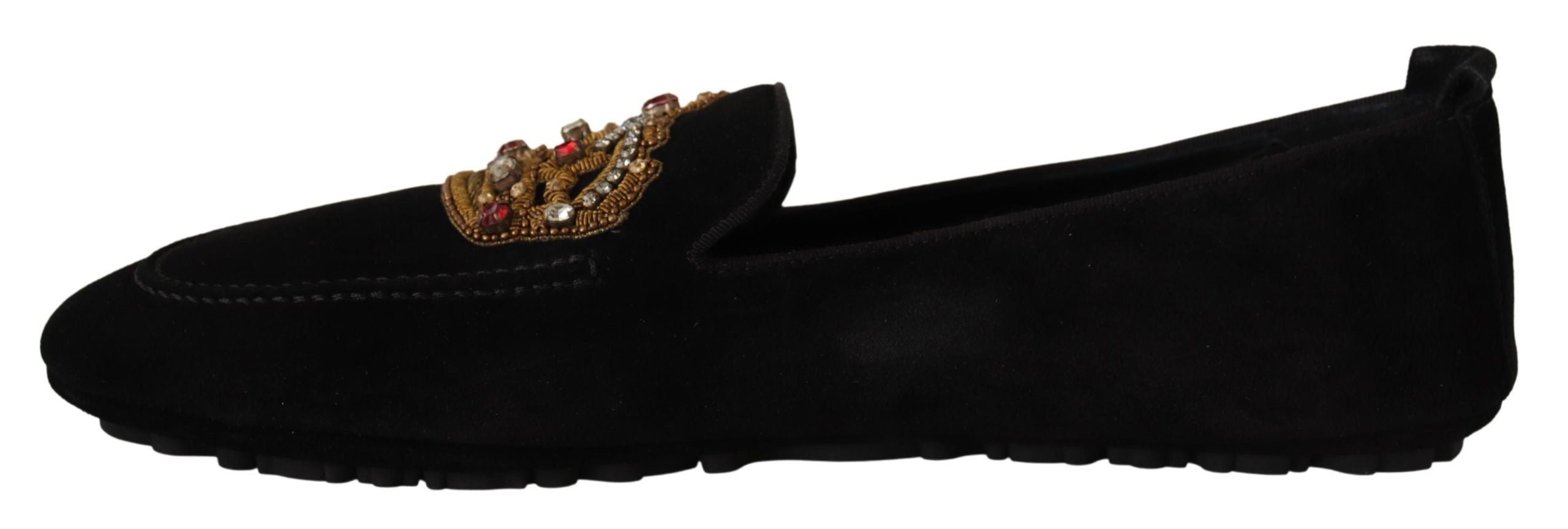 Dolce &amp; Gabbana – Elegante Loafer-Slides aus schwarzem Leder mit goldener Stickerei