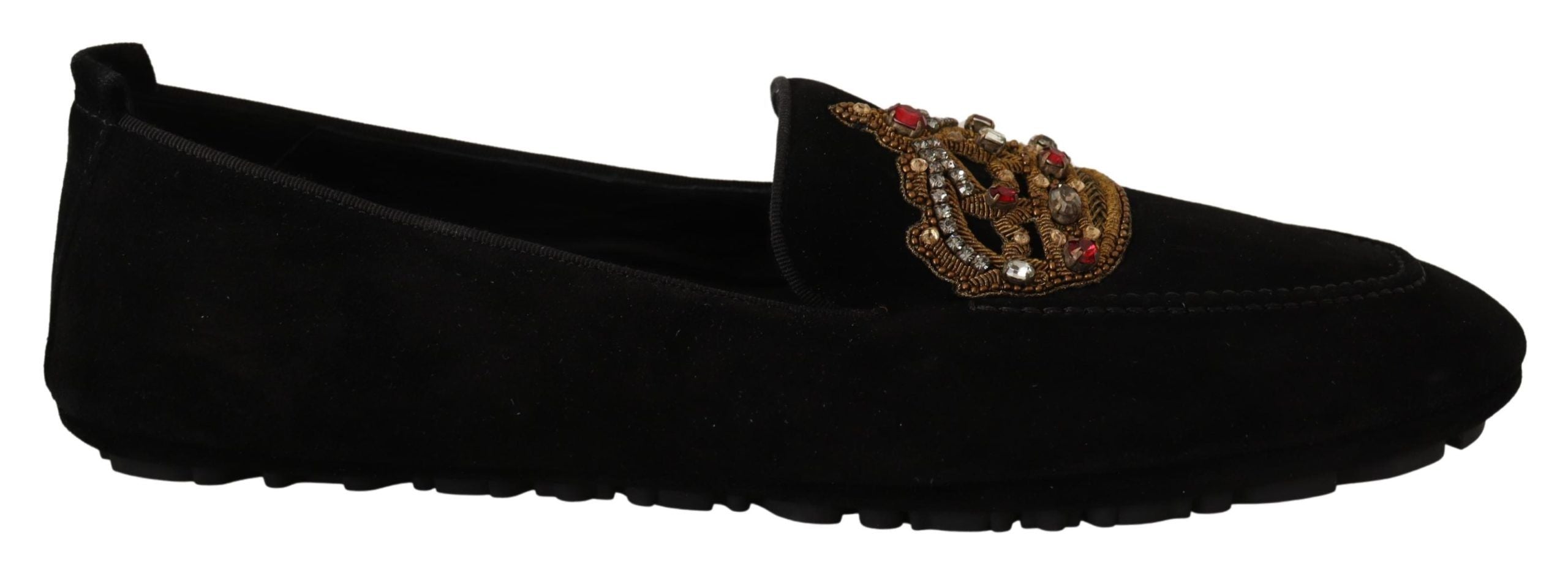 Dolce &amp; Gabbana – Elegante Loafer-Slides aus schwarzem Leder mit goldener Stickerei