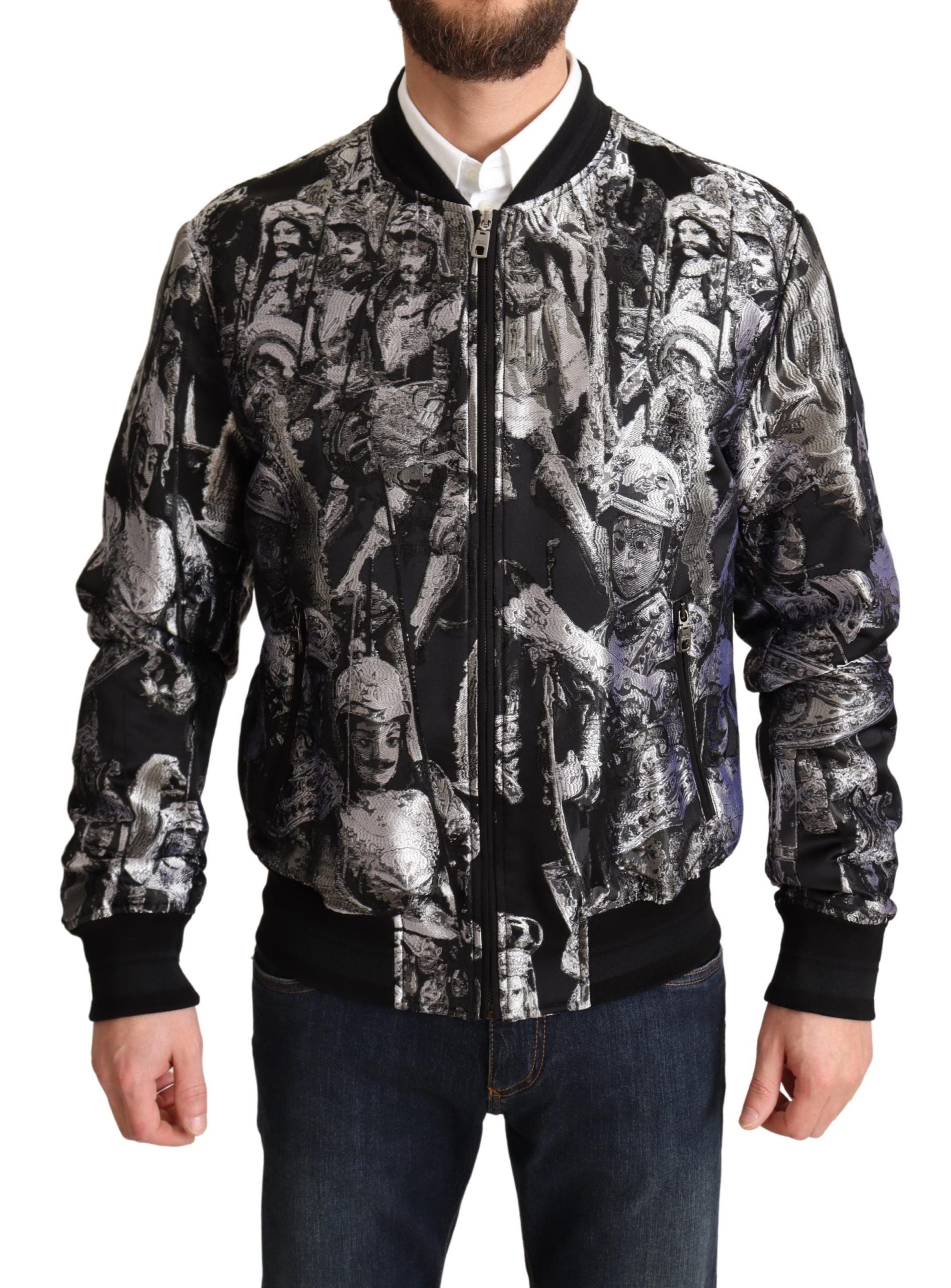 Dolce &amp; Gabbana Elegante schwarze Bomberjacke mit silbernen Details