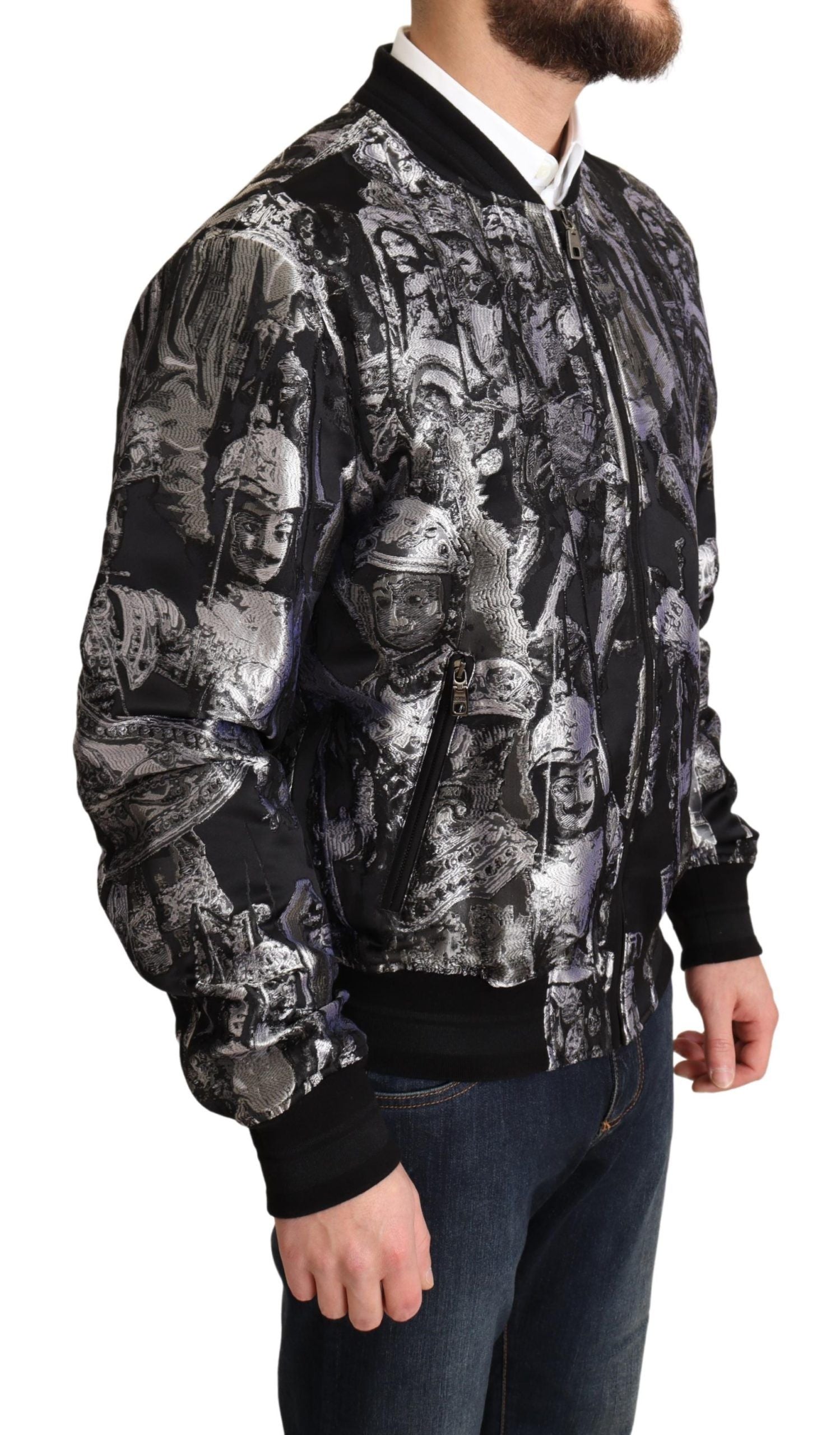 Dolce &amp; Gabbana Elegante schwarze Bomberjacke mit silbernen Details