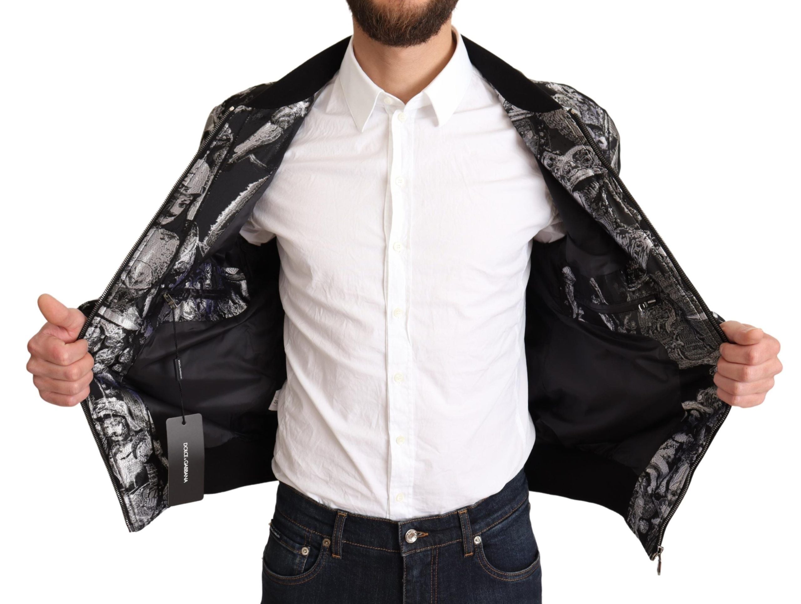Dolce &amp; Gabbana Elegante schwarze Bomberjacke mit silbernen Details