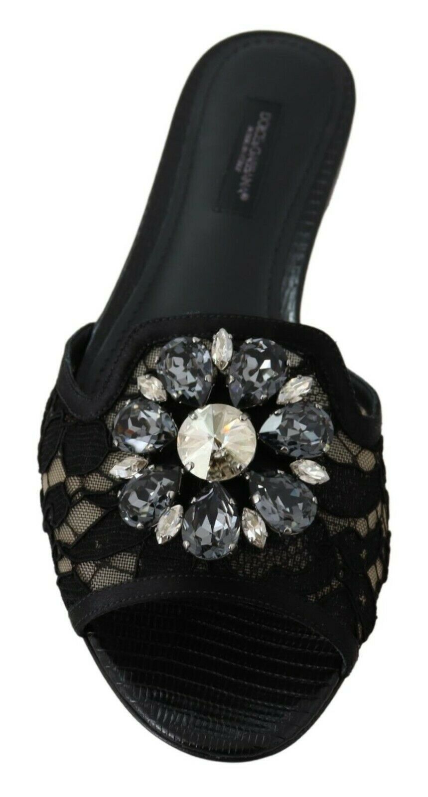 Dolce &amp; Gabbana – Elegante Pantoletten aus schwarzer Spitze mit Schmuckblumendetail