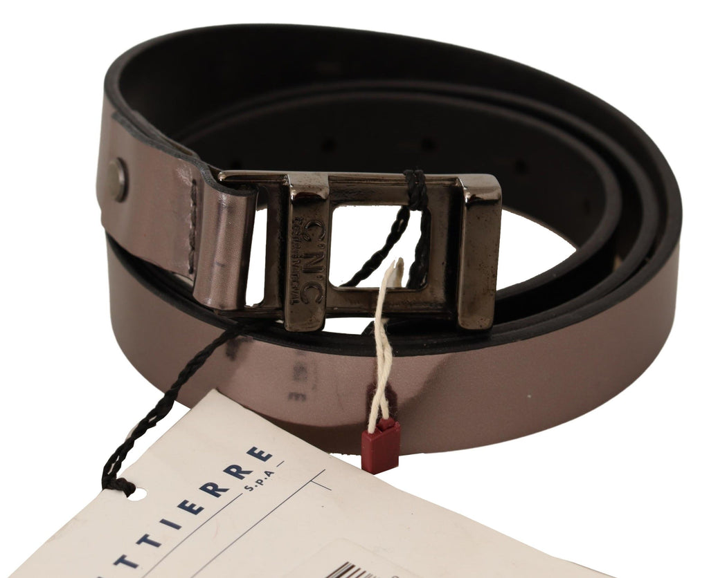 Costume National Chic Gürtel aus rosafarbenem Metallic-Leder mit bronzefarbener Schnalle