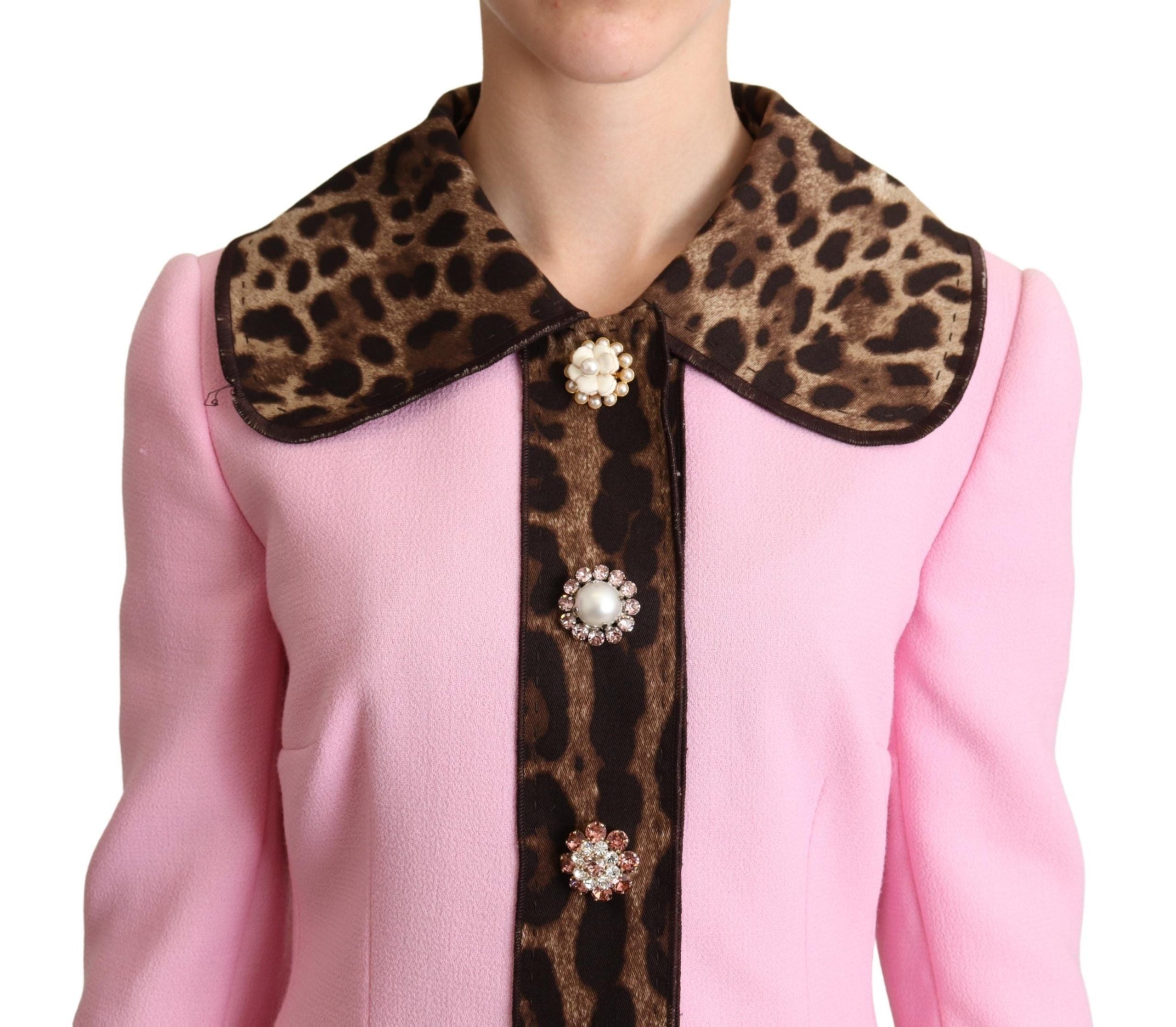Dolce &amp; Gabbana – Schicker Trenchcoat in Rosa mit Leopardenmuster und Kristallknöpfen