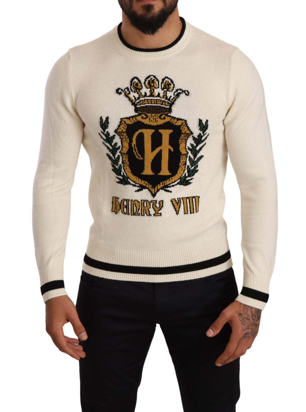 Dolce & Gabbana White Heraldic Cashmere Pullover Sweater